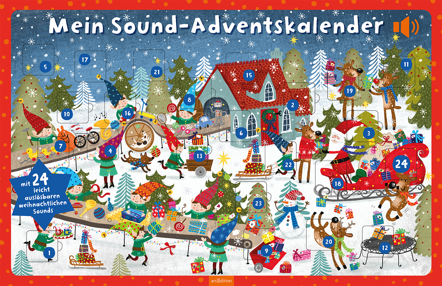 Das Buchcover zeigt einen bunten Adventskalender mit einer festlichen Winterlandschaft. Auf einem hellblauen Hintergrund sind weihnachtliche Motive wie ein rotes Haus mit einem Walmdach, Schneeflocken und Tannenbäumen zu sehen. Fröhliche Figuren, darunter ein Weihnachtsmann und tierische Helfer, sind mit Geschenken und leuchtenden Dekorationen beschäftigt. Der Titel „Mein Sound-Advents-kalender“ steht in großen, verspielten Buchstaben oben. Neben dem Titel befindet sich ein Hinweis auf...