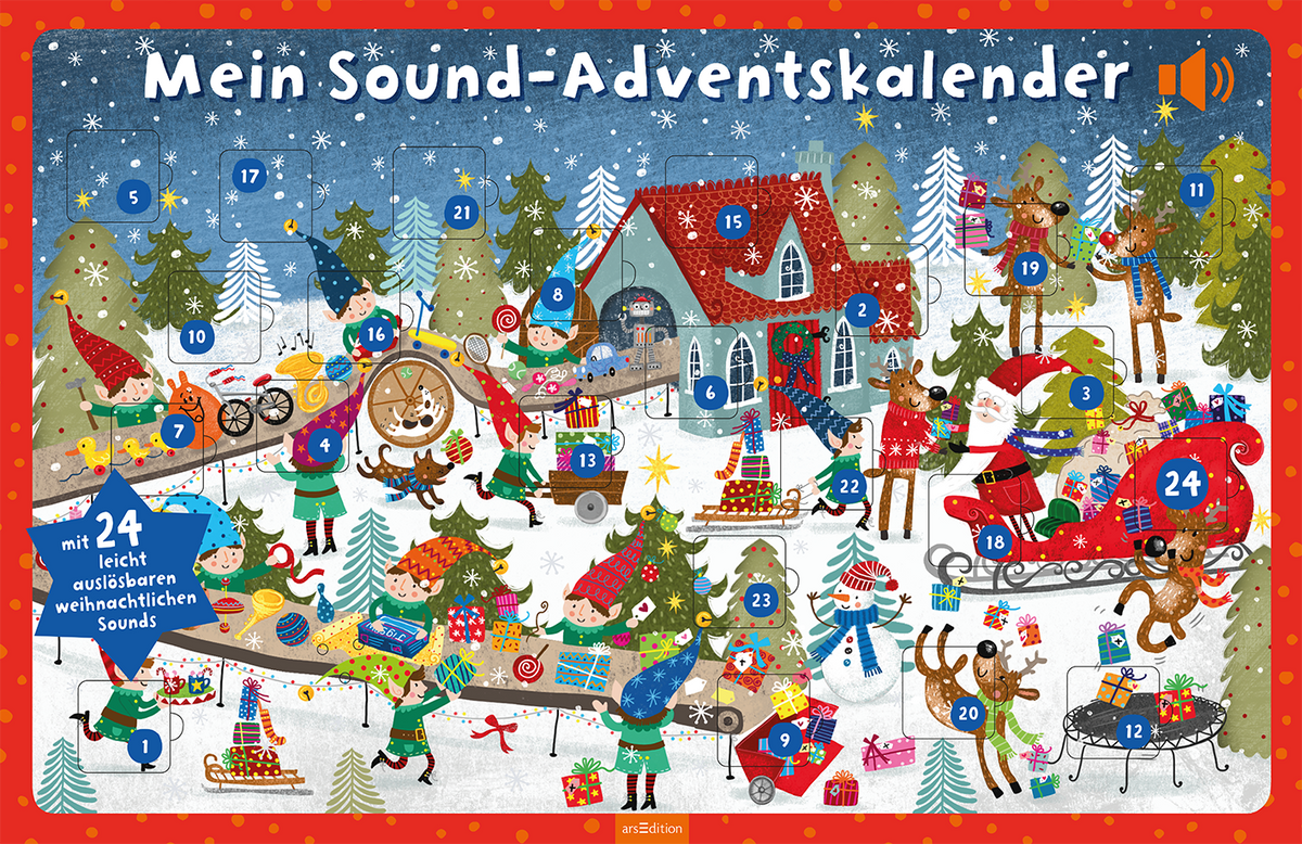 Das Buchcover zeigt einen bunten Adventskalender mit einer festlichen Winterlandschaft. Auf einem hellblauen Hintergrund sind weihnachtliche Motive wie ein rotes Haus mit einem Walmdach, Schneeflocken und Tannenbäumen zu sehen. Fröhliche Figuren, darunter ein Weihnachtsmann und tierische Helfer, sind mit Geschenken und leuchtenden Dekorationen beschäftigt. Der Titel „Mein Sound-Advents-kalender“ steht in großen, verspielten Buchstaben oben. Neben dem Titel befindet sich ein Hinweis auf...