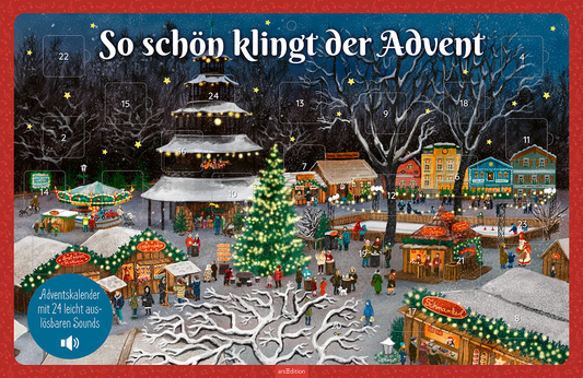 Auf dem Cover des Adventskalenders „So schön klingt der Advent“ sind festlich geschmückte Marktstände in einer winterlichen Szenerie zu sehen. Die Farbgebung in sanften Blau- und Grüntönen wird durch einen roten Rahmen akzentuiert. Ein großer, beleuchteter Weihnachtsbaum dominiert das Bild, während Menschen in winterlicher Kleidung miteinander interagieren. Oben in einer verspielten Schrift steht der Titel. Links befindet sich ein blauer Button mit dem Text „Adventskalender mit 24...