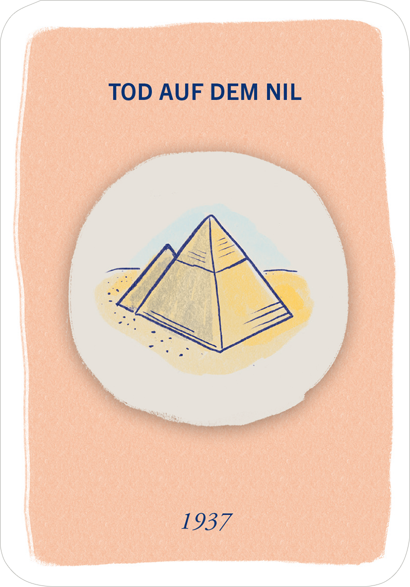 Gezeigt wird eine Innen- oder Zusatzansicht von „Denis Scheck Literatur-Quartett“. Die Karte in sanftem Pfirsichton zeigt eine stilisierte Pyramide, umgeben von Sand. Der Titel „TOD AUF DEM NIL“ ist in kräftigem Blau oben zentriert platziert. Die Schriftart ist klar und modern, was den Fokus auf das minimalistische Design und die Ikonografie legt. Unten steht das Jahr „1937“ in kleinerer Schrift, was dem Gesamteindruck eine historische Note verleiht.