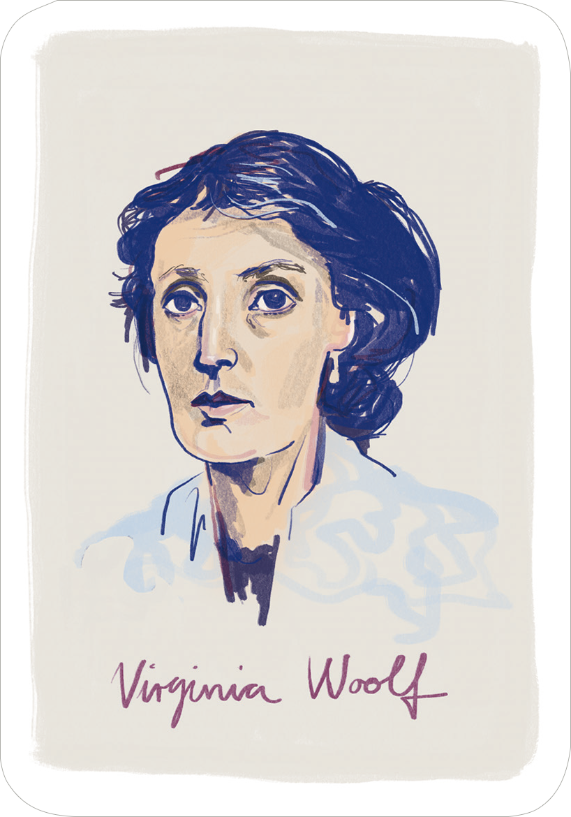 Gezeigt wird eine Innen- oder Zusatzansicht von „Denis Scheck Literatur-Quartett“. Die Darstellung zeigt ein farbenfrohes Porträt von Virginia Woolf, das in sanften Blautönen und kräftigem Lila gehalten ist. Ihr Gesicht wird von einem hellen, neutralen Hintergrund umrahmt. Der Name „Virginia Woolf“ ist in einer eleganten Schriftart unterhalb des Porträts platziert, die den kreativen und literarischen Charakter des Produkts unterstreicht.
