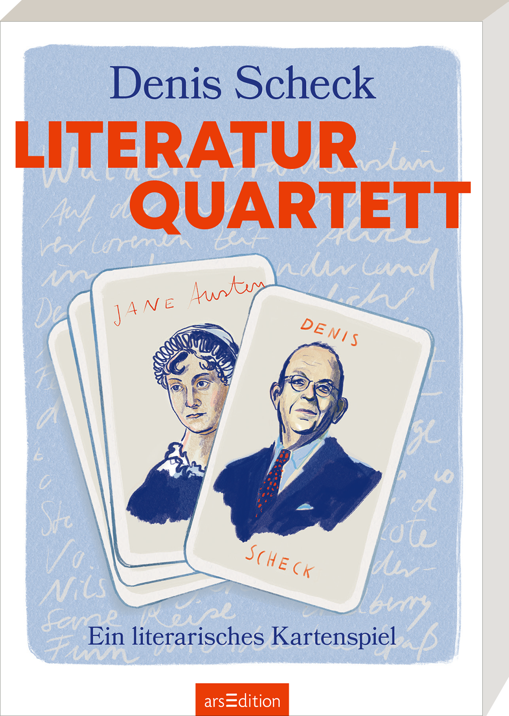 Das Buchcover „Literatur Quartett“ von Denis Scheck zeigt zwei Spielkarten mit den Porträts von Jane Austen und Denis Scheck, umrahmt von einem sanften blauen Hintergrund mit eleganter Schrift. Der Titel „LITERATUR QUARTETT“ ist in kräftigem Orange gehalten und zieht sofort die Blicke auf sich. Unten steht der Untertitel „Ein literarisches Kartenspiel“. Ganz unten mittig steht der Logoschriftzug von arsEdition.