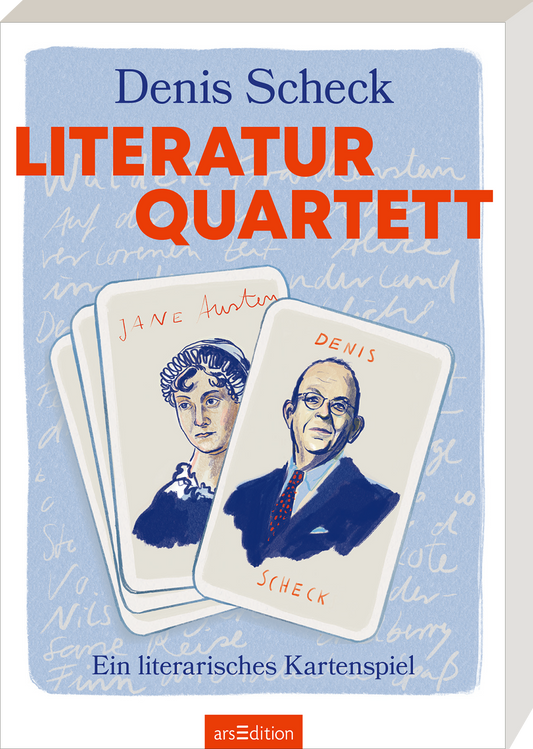 Das Buchcover „Literatur Quartett“ von Denis Scheck zeigt zwei Spielkarten mit den Porträts von Jane Austen und Denis Scheck, umrahmt von einem sanften blauen Hintergrund mit eleganter Schrift. Der Titel „LITERATUR QUARTETT“ ist in kräftigem Orange gehalten und zieht sofort die Blicke auf sich. Unten steht der Untertitel „Ein literarisches Kartenspiel“. Ganz unten mittig steht der Logoschriftzug von arsEdition.