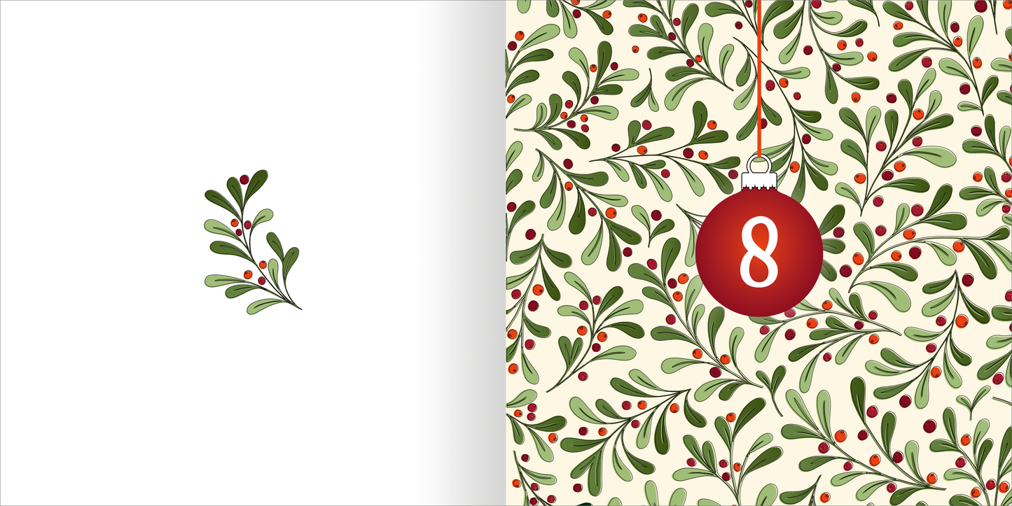 Gezeigt wird eine Innen- oder Zusatzansicht von „Ausmal-Adventskalender – Mandala-Zauber“. Die Seite zeigt eine rote Christbaumkugel mit der Zahl „8“, umgeben von üppigen, grünen Blättern und roten Beeren. Die Gestaltung ist floristisch und winterlich, mit geschwungenen Linien, die eine festliche Atmosphäre kreieren.