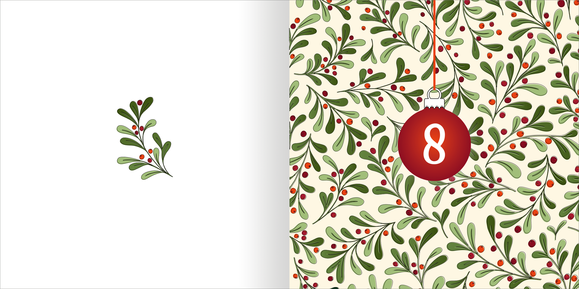 Gezeigt wird eine Innen- oder Zusatzansicht von „Ausmal-Adventskalender – Mandala-Zauber“. Die Seite zeigt eine rote Christbaumkugel mit der Zahl „8“, umgeben von üppigen, grünen Blättern und roten Beeren. Die Gestaltung ist floristisch und winterlich, mit geschwungenen Linien, die eine festliche Atmosphäre kreieren.