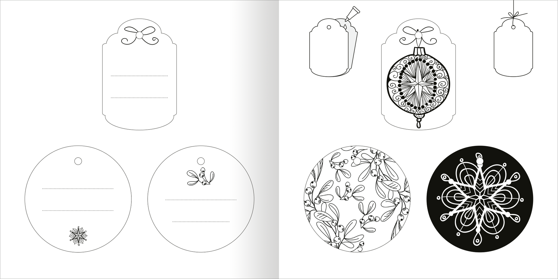 Gezeigt wird eine Innen- oder Zusatzansicht von „Ausmal-Adventskalender – Mandala-Zauber“. Die linke Seite präsentiert verschiedene Etiketten mit unterschiedlichen grafischen Elementen. Auf der rechten Seite sind die auf der Rückseite der Etiketten anzuklebenden Mandalas abgebildet. Die Elemente sind in klaren, geschwungenen Linien gehalten und bieten eine schwarz-weiße Ästhetik, die kreative Gestaltungsmöglichkeiten eröffnet.