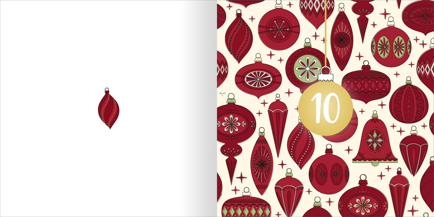 Gezeigt wird eine Innen- oder Zusatzansicht von „Ausmal-Adventskalender – Mandala-Zauber“. Die rechte Seite zeigt eine Vielzahl stilisierter Weihnachtsbaumkugeln in Rot- und Grüntönen auf cremefarbenem Hintergrund. Die Kugeln besitzen unterschiedliche Formen und dekorative Muster, während die Zahl „10“ in einer gelben Kugel hervorgehoben ist. Die linke Seite bleibt weiß und schlicht mit einer einzigen roten Christbaumkugel, was die bunte Gestaltung auf der rechten Seite betont.