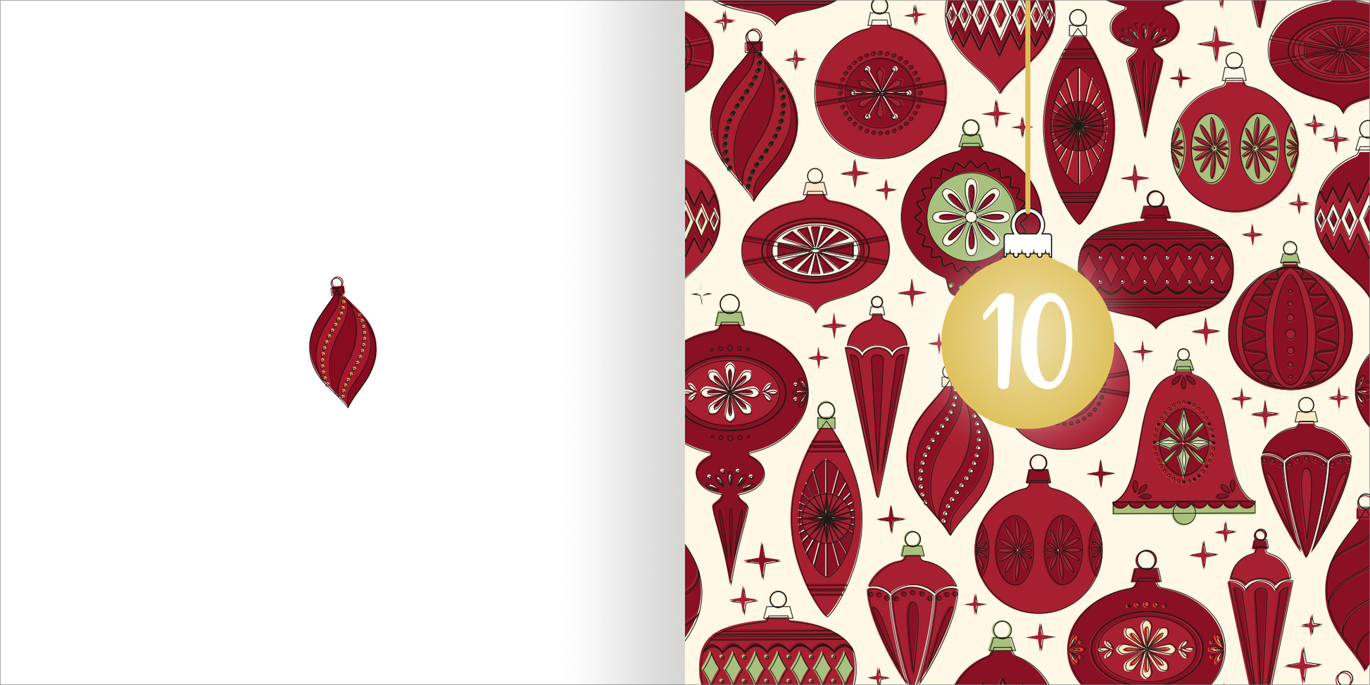 Gezeigt wird eine Innen- oder Zusatzansicht von „Ausmal-Adventskalender – Mandala-Zauber“. Die rechte Seite zeigt eine Vielzahl stilisierter Weihnachtsbaumkugeln in Rot- und Grüntönen auf cremefarbenem Hintergrund. Die Kugeln besitzen unterschiedliche Formen und dekorative Muster, während die Zahl „10“ in einer gelben Kugel hervorgehoben ist. Die linke Seite bleibt weiß und schlicht mit einer einzigen roten Christbaumkugel, was die bunte Gestaltung auf der rechten Seite betont.