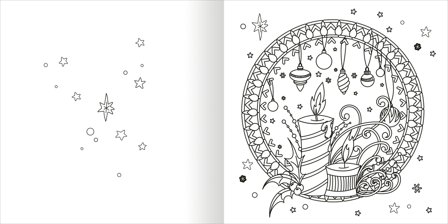 Gezeigt wird eine Innen- oder Zusatzansicht von „Ausmal-Adventskalender – Mandala-Zauber“. Die Illustration zeigt ein Mandala mit zwei dekorativen Kerzen, die von einem Kreis umgeben sind. Im Hintergrund sind Sterne und kleine, vielseitige Weihnachtsdekorationen sichtbar. Die Konturen sind klar und einladend, was das Ausmalen erleichtert. Der Stil ist verspielt und einladend, ideal für kreative Entfaltung in der Adventszeit.