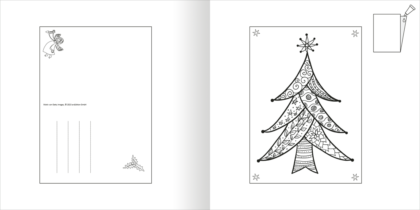 Gezeigt wird eine Innen- oder Zusatzansicht von „Ausmal-Adventskalender – Mandala-Zauber“. Die Doppelseite zeigt eine Weihnachtskarten, die gebastelt werden kann. Die linke Seite zeigt die minimalistische Rückseite mit einem einfachen Gestaltungselement, während die rechte Seite einen detaillierten Weihnachtsbaum präsentiert. Der Baum ist mit geschwungenen Linien und Mustern verziert und fasst verschiedene grafische Elemente ein. Die Farben sind in Schwarz-Weiß gehalten, was zum...