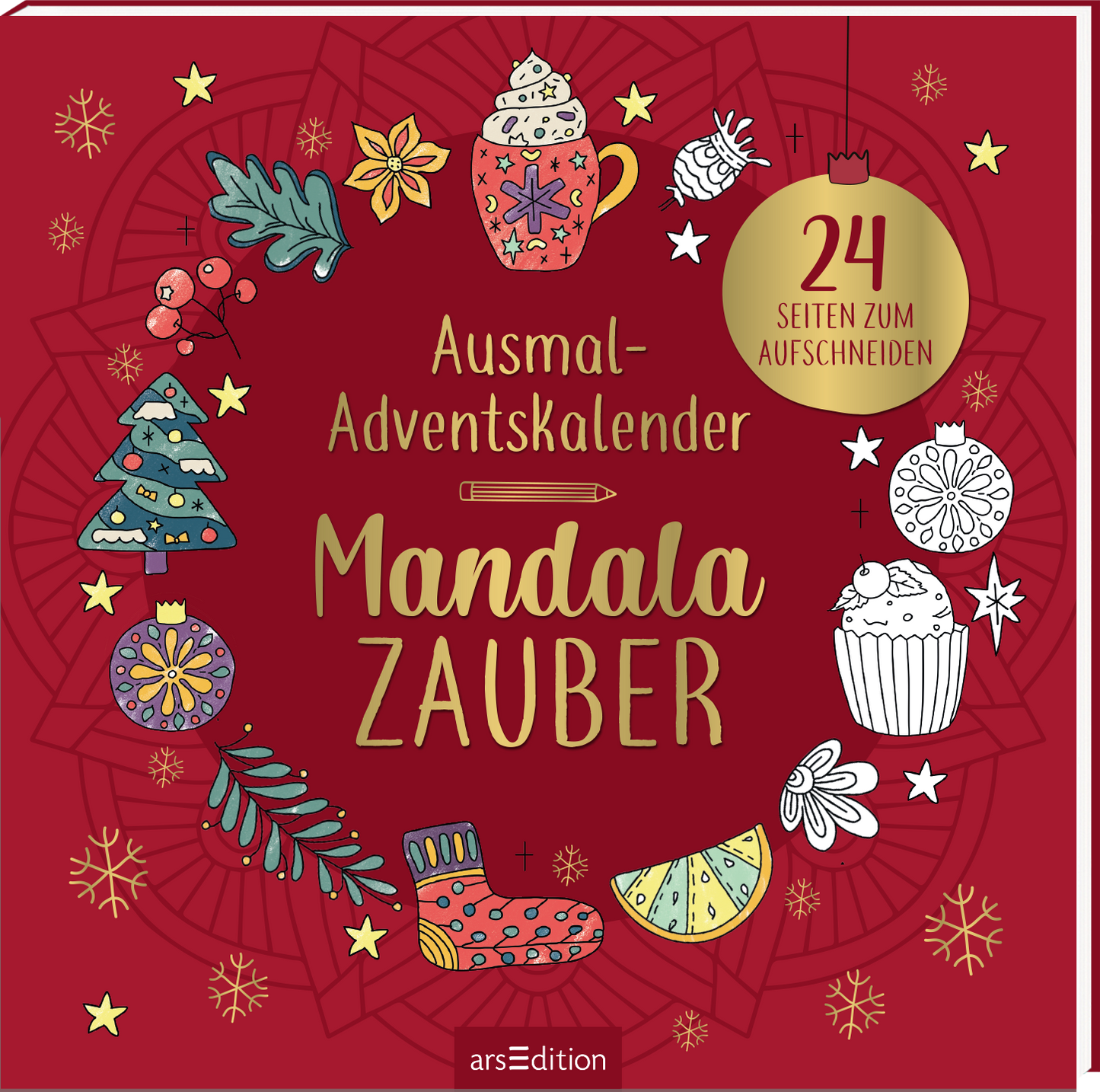 Das dreidimensionale Buchcover zeigt einen Ausmal-Adventskalender – Mandala Zauber. Es hat einen roten Hintergrund und ist mit bunten, handgezeichneten Illustrationen festlich geschmückt, darunter Tassen, Weihnachtsbäume und Schneekugeln. Die goldene Schrift des Titels „Mandala ZAUBER“ steht im Vordergrund und vermittelt eine fröhliche Atmosphäre. Oben ist der Titel „Ausmal-Adventskalender“ in einer klaren, gut lesbaren Schrift platziert. Rechts oben befindet sich eine goldene...