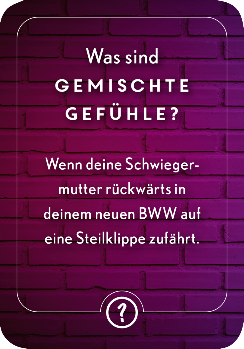 Gezeigt wird eine Innen- oder Zusatzansicht von „Bloß nicht lachen“. Der Hintergrund ist in einem kräftigen Violett gehalten, mit einer Struktur, die an Ziegelsteine erinnert. Der Titel „Was sind GEMISCHTE GEFÜHLE?“ ist in einer auffälligen, weißen Großschrift zentral platziert. Darunter steht der humorvolle Text in einer klaren, lesbaren Schrift, die leicht kleiner ist. Am unteren Rand ist ein Fragezeichen in einem runden Rahmen zu sehen, was die Aufforderung zur Interaktion...