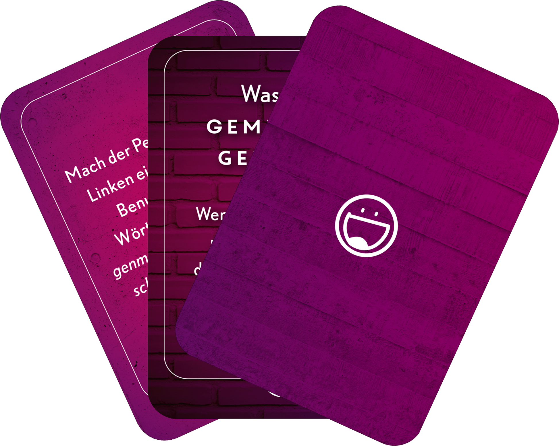 Gezeigt wird eine Innen- oder Zusatzansicht von „Bloß nicht lachen“. Die Karten sind in verschiedenen Schattierungen von Violett gehalten, mit einer strukturierten Hintergrundgrafik, die an Mauerwerk erinnert. Auf einigen Karten sind weiße Schriftzüge und ein einfaches, humorvolles Symbol in Form eines lachenden Gesichts abgebildet. Die Typografie ist modern und gut lesbar, was zur spielerischen Atmosphäre des Produkts beiträgt.