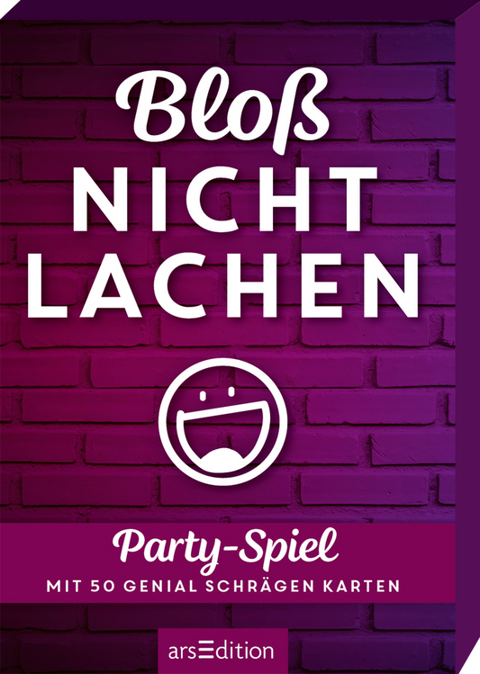 Das Buchcover zeigt einen purpurfarbenen Hintergrund mit einem Mauerdesign. In der Mitte prangt der Titel „Bloß NICHT LACHEN“ in großen, weißen Buchstaben, dabei ist das Wort „NICHT“ in einer anderen Schriftart hervorgehoben. Unter dem Titel befindet sich ein rundes, lächelndes Emoji, das humorvolle Stimmung vermittelt. Darunter steht „Party-Spiel“ in einer geschwungenen Schrift, gefolgt von „mit 50 genial schrägen Karten“. Ganz unten mittig steht der Logoschriftzug von...