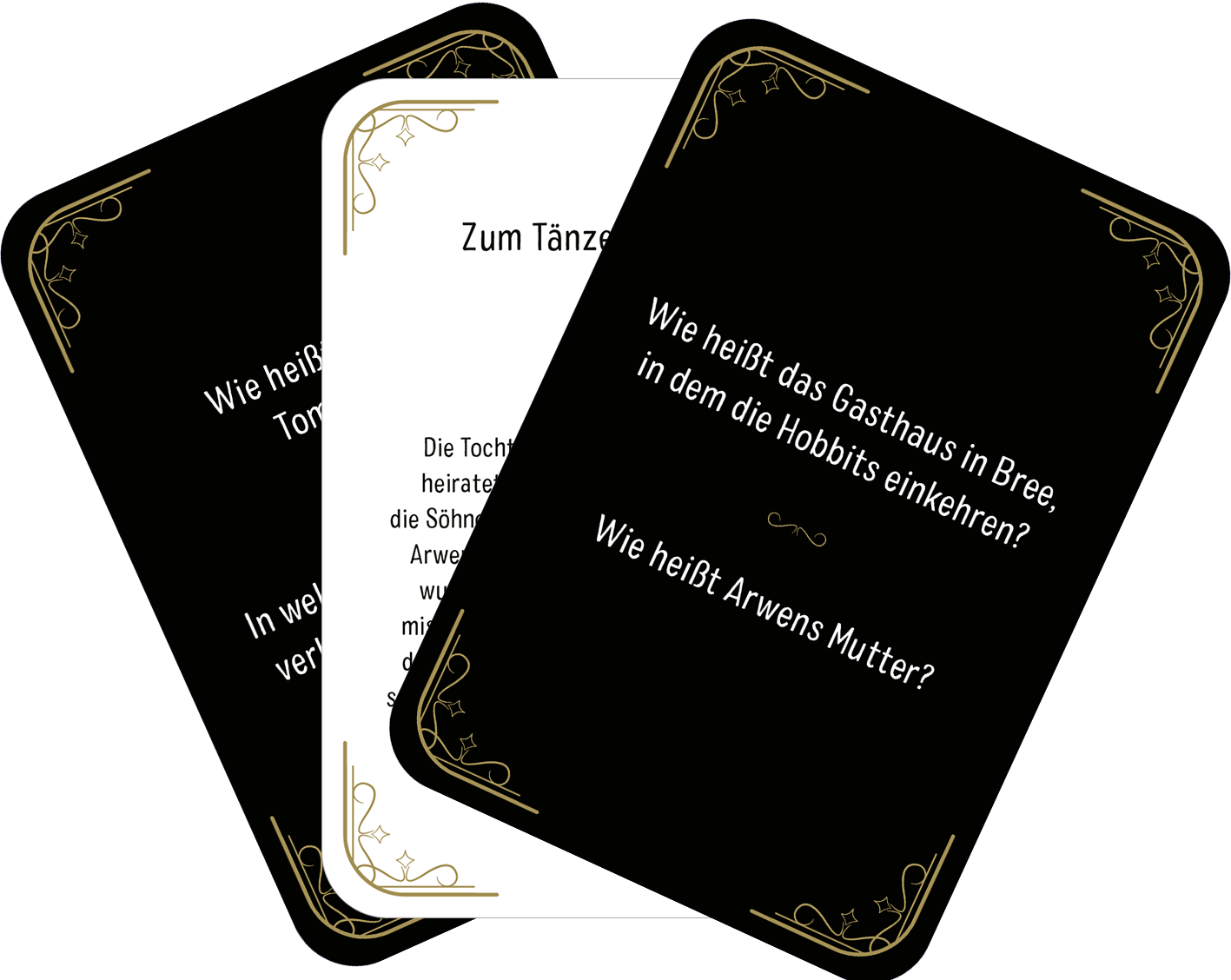 Gezeigt wird eine Innen- oder Zusatzansicht von „Das Quiz der Ringe“. Die Darstellung umfasst mehrere Karten mit schwarzem Hintergrund und eleganten goldenen Verzierungen. Die Vorderseiten zeigen Fragen in auffälliger, weißer Schrift, während die Rückseiten detaillierte Antworten in kleinerer, klarer Schrift präsentieren. Die Typografie ist modern und gut lesbar, was die Auffassung der Inhalte erleichtert. Die Gestaltung fördert eine ansprechende und übersichtliche Spielerfahrung.