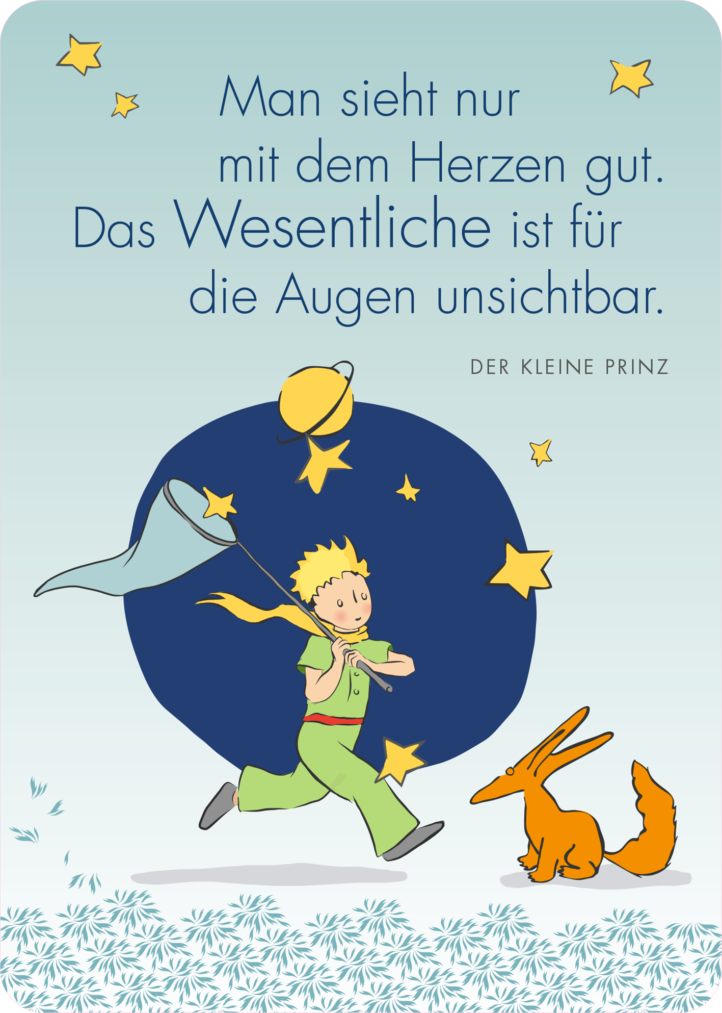 Gezeigt wird eine Innen- oder Zusatzansicht von „Man sieht nur mit dem Herzen gut. 25 Botschaften vom kleinen Prinzen“. Die Abbildung beinhaltet eine bunte Zusammenstellung von Illustrationen. Zentrum bildet die Figur einer Fee mit blauen Flügeln, umgeben von floralen Elementen in lebhaften Farben wie Pink und Grün. Typografie ist verspielt und freundlich, während die Farben sanft und harmonisch abgestimmt sind. Ergänzende Elemente wie Einladungen und Spielelemente vermitteln eine...