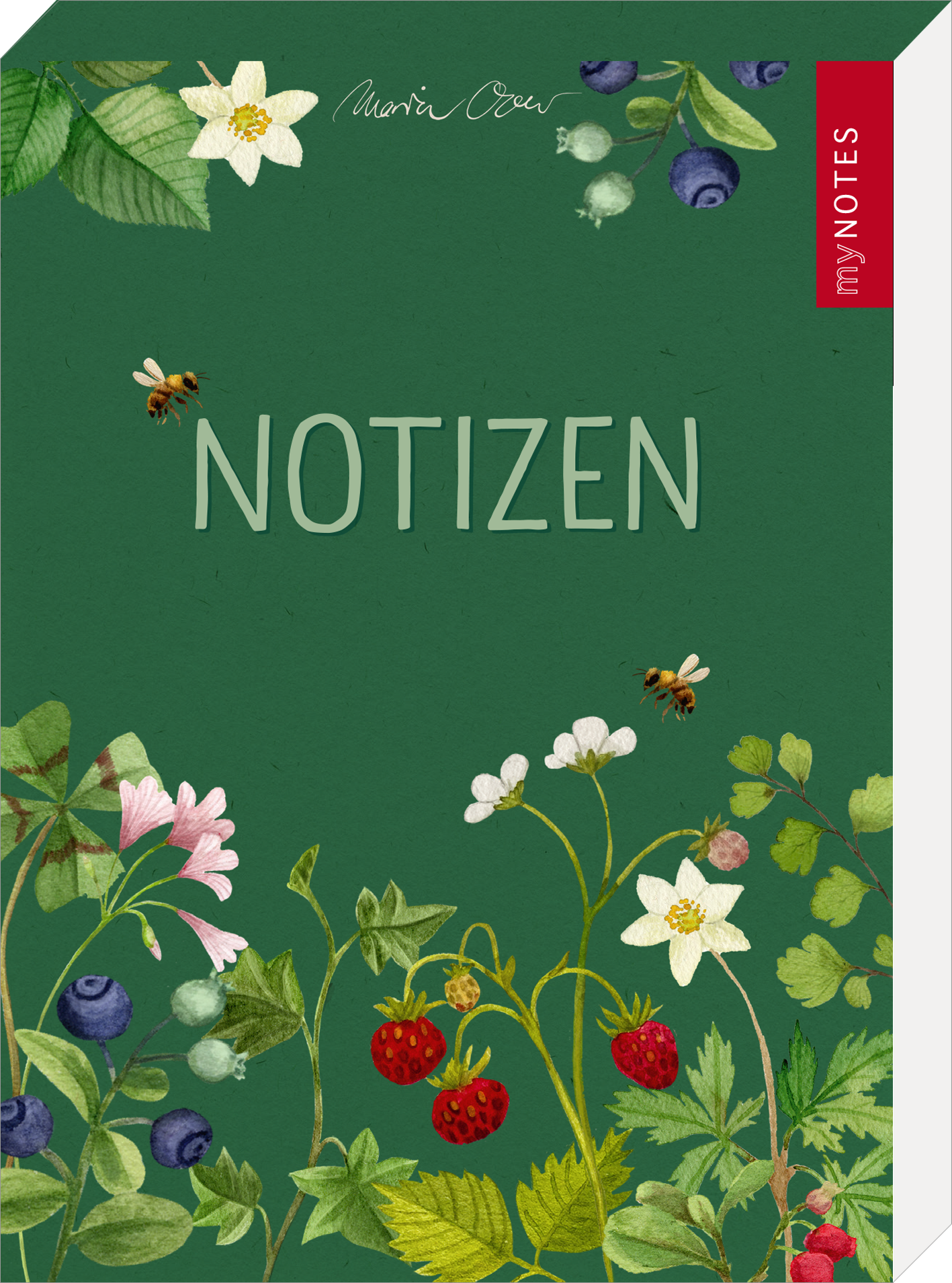 Das Buchcover zeigt einen satten, grünen Hintergrund, der mit liebevoll gestalteten, illustrativen Pflanzenmotiven geschmückt ist, darunter Erdbeeren, Himbeeren und Blaubeeren. In der Mitte prangt in einer klaren, freundlichen Schrift das Wort „NOTIZEN“ in hellen, sanften Farbtönen. Oben links ist der Urhebername „Maria Czeru“ elegant handschriftlich platziert. Oben rechts befindet sich ein rotes Label mit dem Text „my NOTES“. Ganz unten mittig steht der Logoschriftzug von...