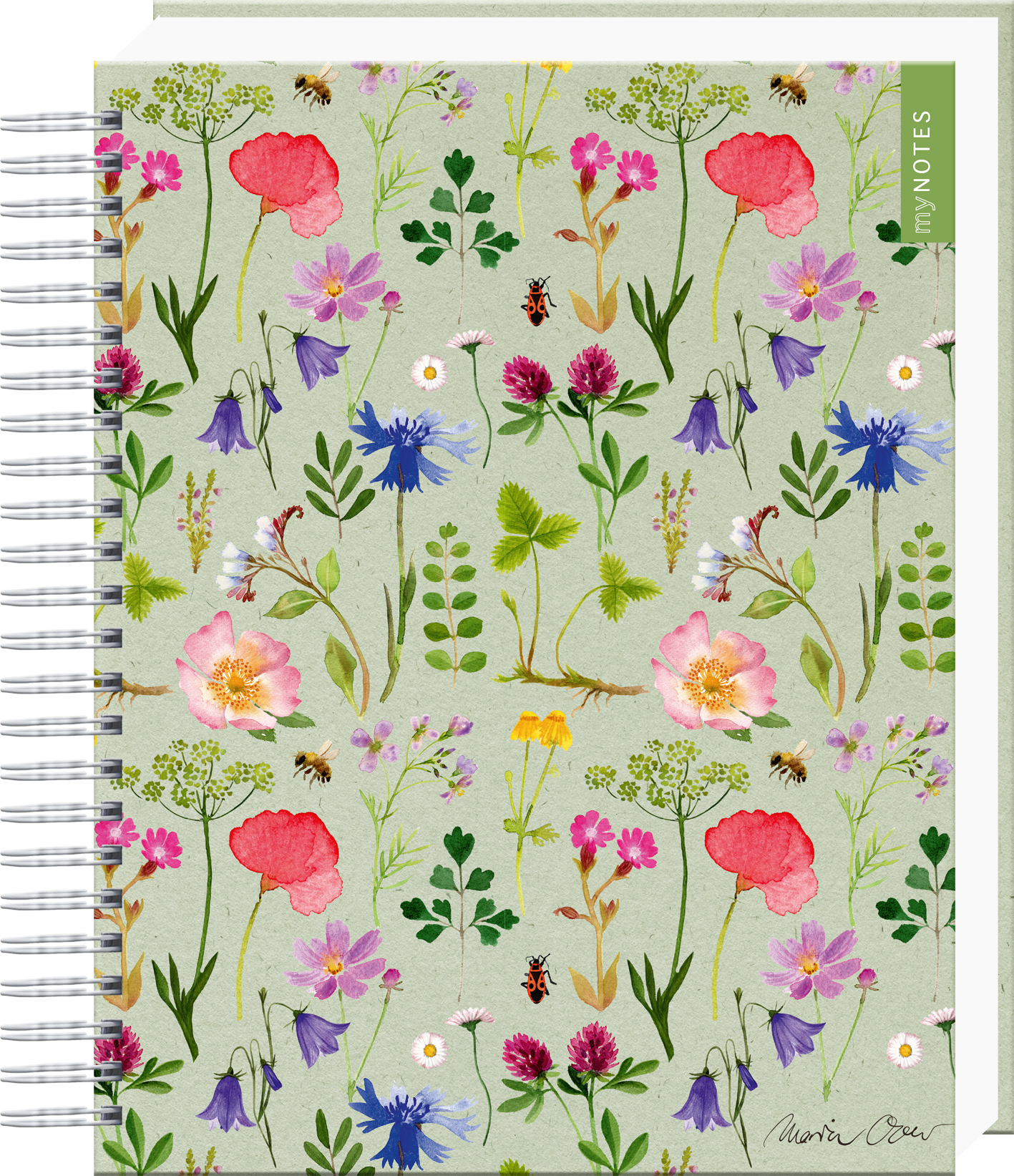 Das Buchcover zeigt ein sanft grünliches Hintergrundmuster, das mit verschiedenen handgezeichneten Blumen in kräftigen Farben verziert ist. Vorwiegend dominieren rosa, rote und blaue Blüten, während grüne Blätter und kleine Insekten wie Bienen das Design ergänzen. Oben rechts befindet sich ein grünes Banner mit der Aufschrift „my NOTES“. Unten rechts ist der Schriftzug von der Urheberin „Marie O“ zu sehen. Ganz unten mittig steht der Logoschriftzug von arsEdition.