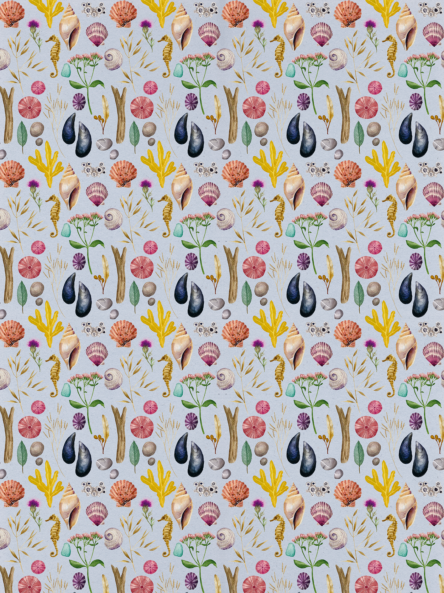 Gezeigt wird eine Innen- oder Zusatzansicht von „myNOTES Papeterie: Geschenkpapier Naturschätze“. Das Geschenkpapier präsentiert ein harmonisches Muster mit verschiedenen maritimen Motiven, darunter Muscheln, Seesterne und Pflanzen. Die Farbpalette umfasst sanfte Töne wie Hellblau, Gelb, Rosa und Grün. Die Illustrationen sind detailliert und mit einer handgemachten Anmutung gestaltet. Der stilvolle, kreative Charakter vermittelt ein Gefühl von Naturverbundenheit und Frische.