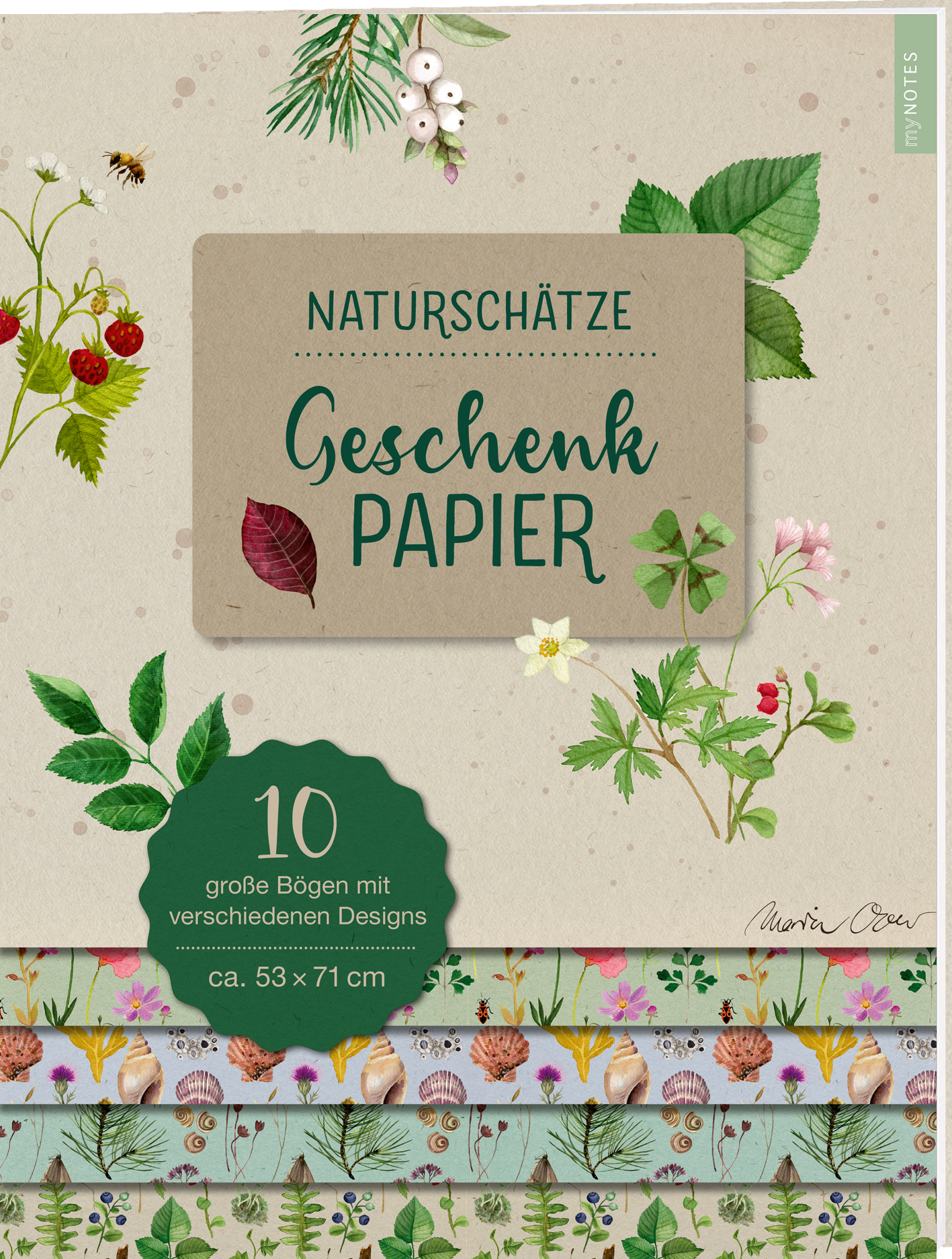 Das Buchcover zeigt einen naturbelassenen, beige Hintergrund, auf dem unterschiedlich große, farbenfrohe Pflanzen und Beeren in sanften Grün-, Rot- und Violetttönen arrangiert sind. Im Zentrum befindet sich ein rechteckiger, grauer Bereich mit der Aufschrift „NATURSCHÄTZE GESCHENK PAPIER“ in eleganter, grüner Schrift. Darunter ist ein rundes, mintgrünes Label mit der Zahl „10“ und dem Hinweis auf große Bögen in verschiedenen Designs platziert. Ganz unten mittig steht der...