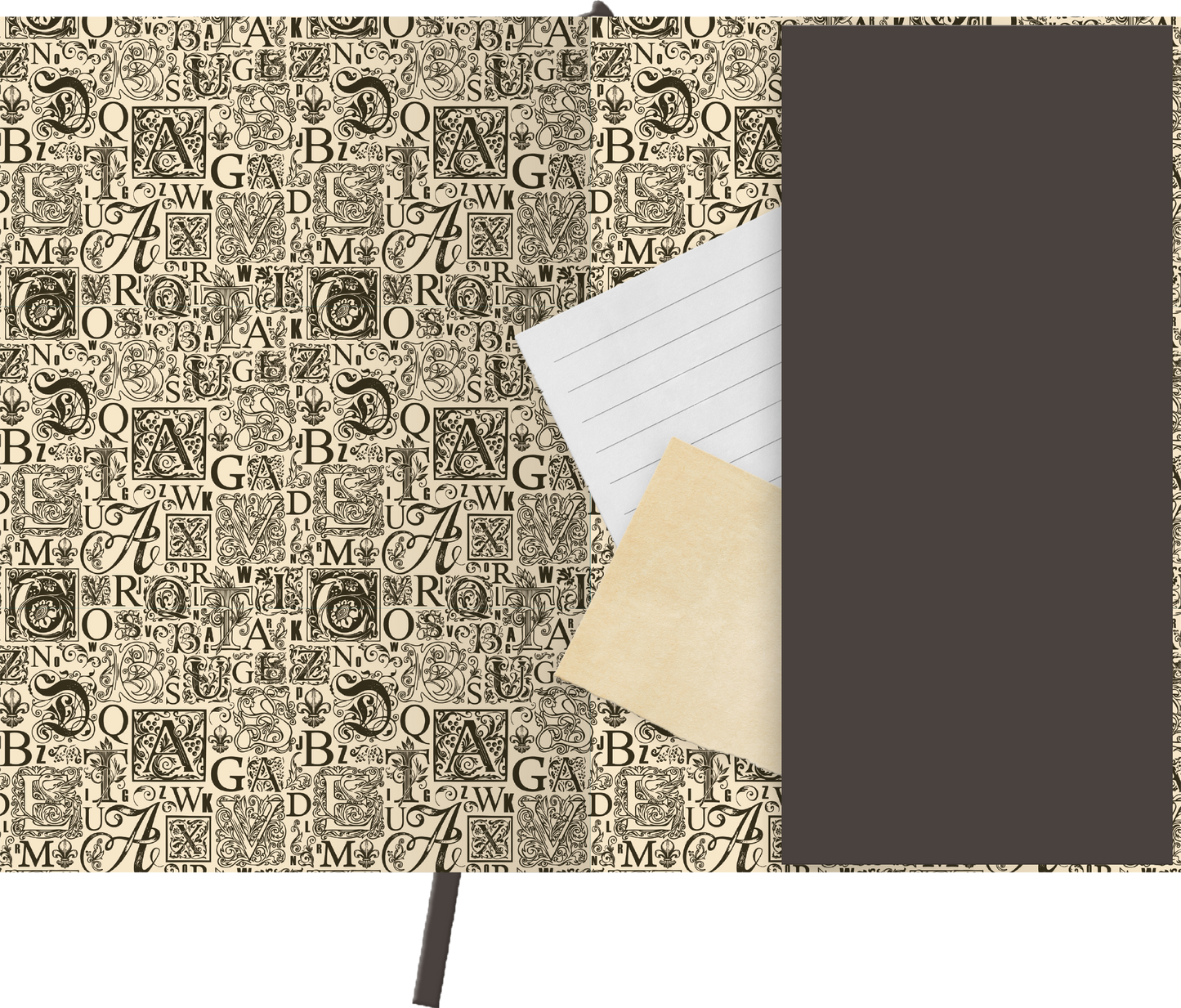 Gezeigt wird eine Innen- oder Zusatzansicht von „myNOTES Notizbuch A5: Dark Academia Library“. Die Innenseite ist mit einem eleganten, vintage-inspirierten Muster aus Buchstaben und Verzierungen in Schwarz auf einem cremefarbenen Hintergrund gestaltet. In der Mitte sind mehrere Blatt Papier, davon eines mit Linien und zwei unbeschriebene, die teilweise herausragen. Auf der rechten Seite befindet sich eine tiefbraune Tasche, die zusätzlichen Stauraum bietet. Die Typografie ist klassisch und...