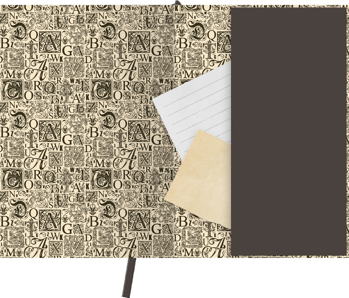 Gezeigt wird eine Innen- oder Zusatzansicht von „myNOTES Notizbuch A5: Dark Academia Library“. Die Innenseite ist mit einem eleganten, vintage-inspirierten Muster aus Buchstaben und Verzierungen in Schwarz auf einem cremefarbenen Hintergrund gestaltet. In der Mitte sind mehrere Blatt Papier, davon eines mit Linien und zwei unbeschriebene, die teilweise herausragen. Auf der rechten Seite befindet sich eine tiefbraune Tasche, die zusätzlichen Stauraum bietet. Die Typografie ist klassisch und...