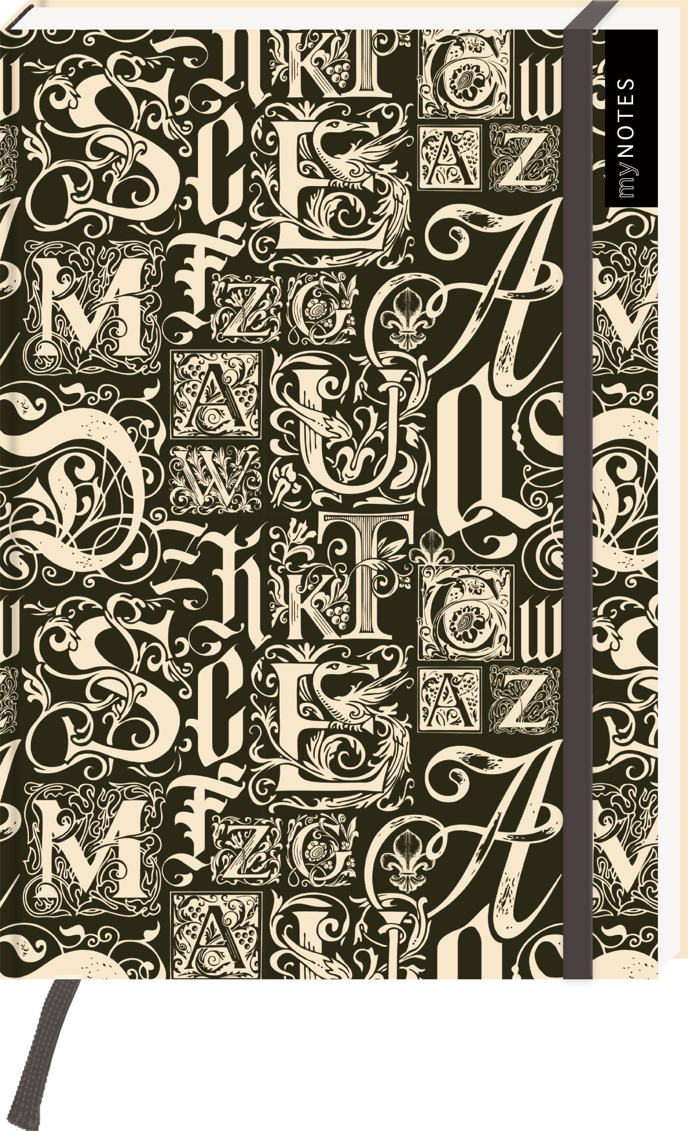 Das Buchcover zeigt ein kreatives Muster aus verschiedenen Buchstaben in unterschiedlichen Schriftarten und -größen. Der Hintergrund ist in einem dunklen Olivgrün gehalten, während die Buchstaben in cremefarbenem Ton erscheinen. Am Rand ist ein schmaler grauer Streifen sichtbar, der einen eleganten Kontrast bildet. Die Schriftzüge stehen in einem künstlerischen, verspielten Stil und erzeugen eine ausgefallene Atmosphäre. Ganz oben links befindet sich der Schriftzug „my NOTES“. Ganz...