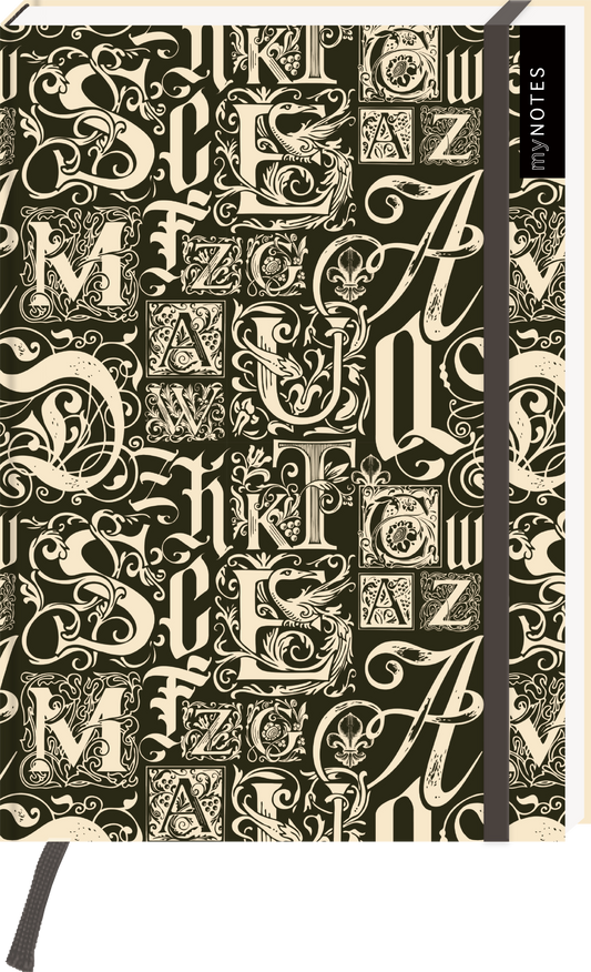 Das Buchcover zeigt ein kreatives Muster aus verschiedenen Buchstaben in unterschiedlichen Schriftarten und -größen. Der Hintergrund ist in einem dunklen Olivgrün gehalten, während die Buchstaben in cremefarbenem Ton erscheinen. Am Rand ist ein schmaler grauer Streifen sichtbar, der einen eleganten Kontrast bildet. Die Schriftzüge stehen in einem künstlerischen, verspielten Stil und erzeugen eine ausgefallene Atmosphäre. Ganz oben links befindet sich der Schriftzug „my NOTES“. Ganz...