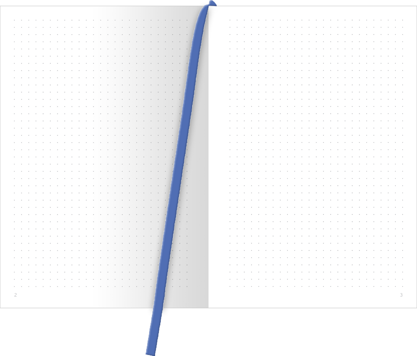 Gezeigt wird eine Innen- oder Zusatzansicht von „myNOTES Notizbuch A5: Cosmic Whale“. Die Seite ist in einem hellen, weißen Farbton gehalten und besteht aus gepunktetem Papier, das sich für Notizen und Skizzen eignet. Eine kräftige, blaue Lesehilfe steht mittig auf der linken Seite und hebt das Notizbuch weiter hervor. Die minimalistische Gestaltung fördert eine klare Schreibfläche ohne Ablenkungen und bietet ausreichend Platz für kreative Inhalte.