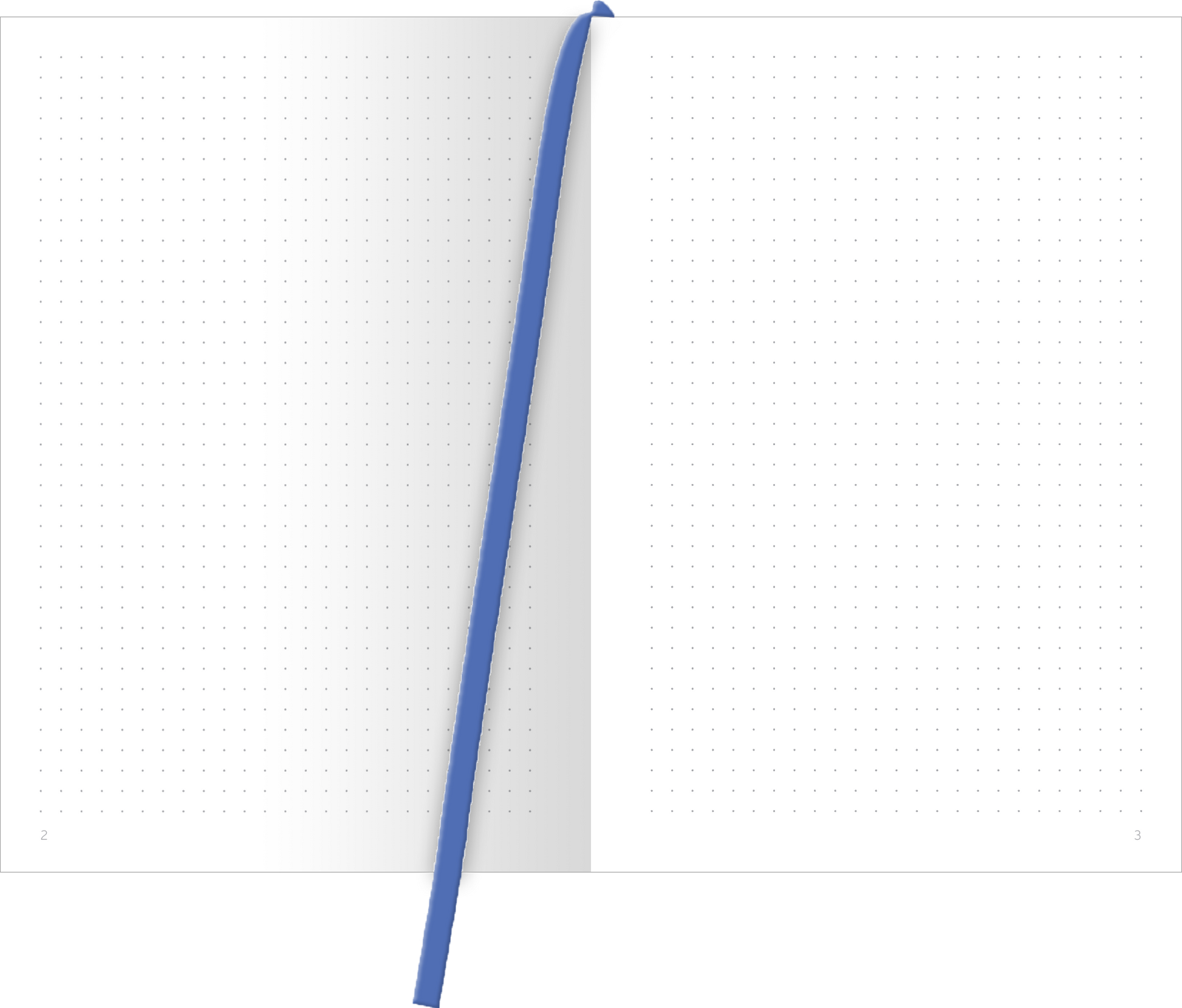 Gezeigt wird eine Innen- oder Zusatzansicht von „myNOTES Notizbuch A5: Cosmic Whale“. Die Seite ist in einem hellen, weißen Farbton gehalten und besteht aus gepunktetem Papier, das sich für Notizen und Skizzen eignet. Eine kräftige, blaue Lesehilfe steht mittig auf der linken Seite und hebt das Notizbuch weiter hervor. Die minimalistische Gestaltung fördert eine klare Schreibfläche ohne Ablenkungen und bietet ausreichend Platz für kreative Inhalte.