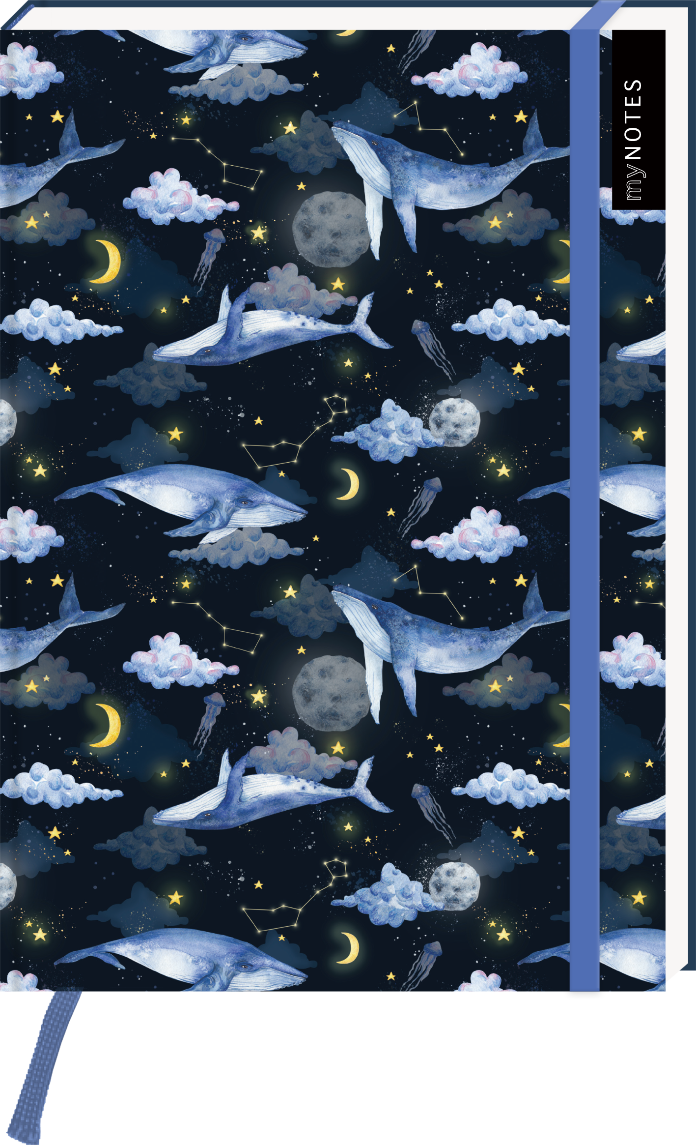 Das Buchcover zeigt eine nächtliche Unterwasserlandschaft mit sanften Farben in Blau- und Grautönen. Große Wale schwimmen zwischen Wolken, Sternen und dem Mond auf einem tiefblauen Hintergrund. In der oberen rechten Ecke steht der Schriftzug „my NOTES“ in hellem, modernem Stil. Die gesamte Atmosphäre wirkt träumerisch und beruhigend. Ganz unten mittig steht der Logoschriftzug von arsEdition.
