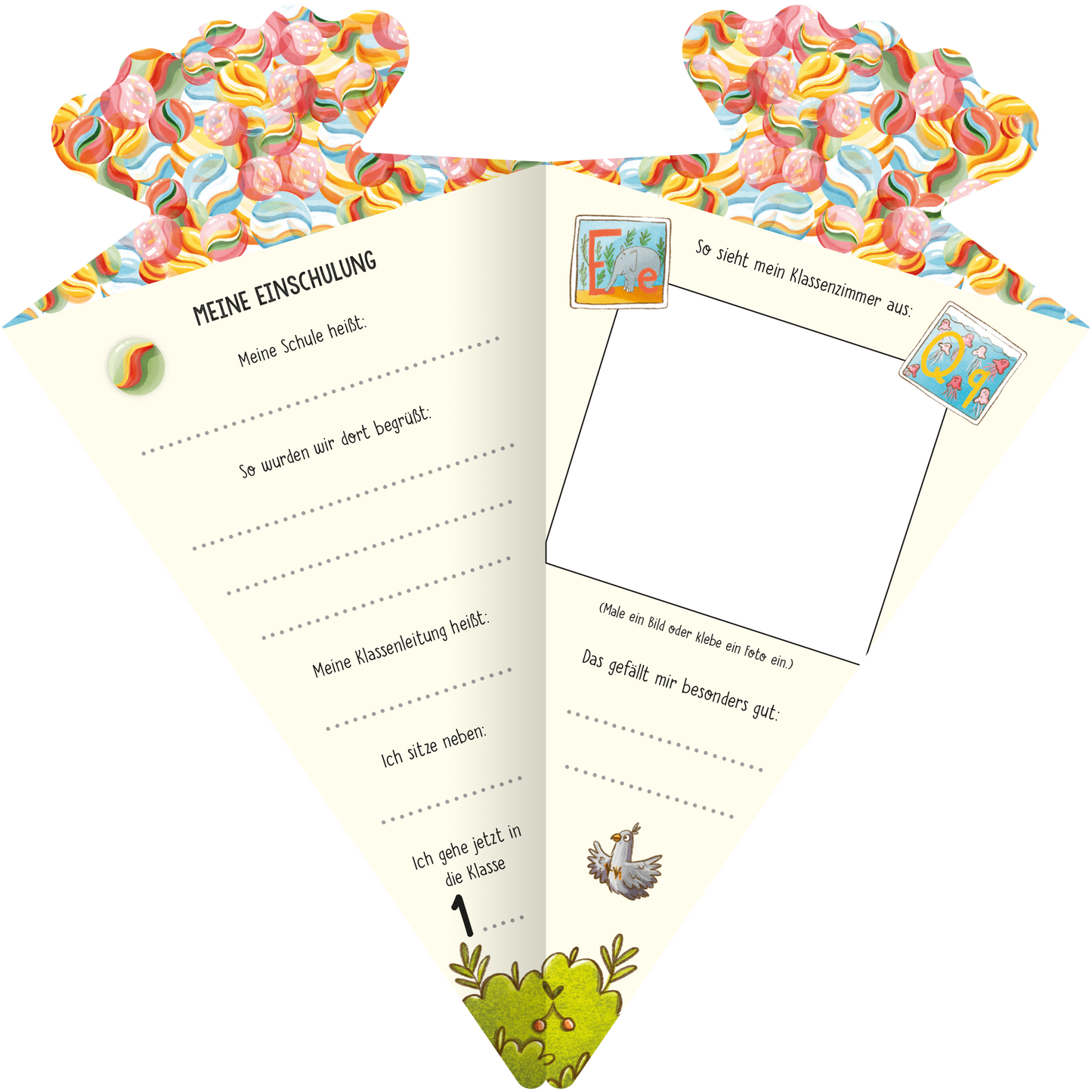 Gezeigt wird eine Innenansicht von „Mein erster Schultag – Erinnerungsalbum in Schultüten-Form“. Links steht „Meine Einschulung“ und die Doppelseite bietet Platz Erinnerungen an die Einschulung festzuhalten, indem man Fragen beantwortet, Lückenausfüllt oder Bilder einklebt. Das Design ist farbenfroh, mit einem hellen gelben Hintergrund, bunten Murmel-Motiven am oberen Rand und vielen kleinen Illustrationen, die die Gestaltung lebendig machen.
