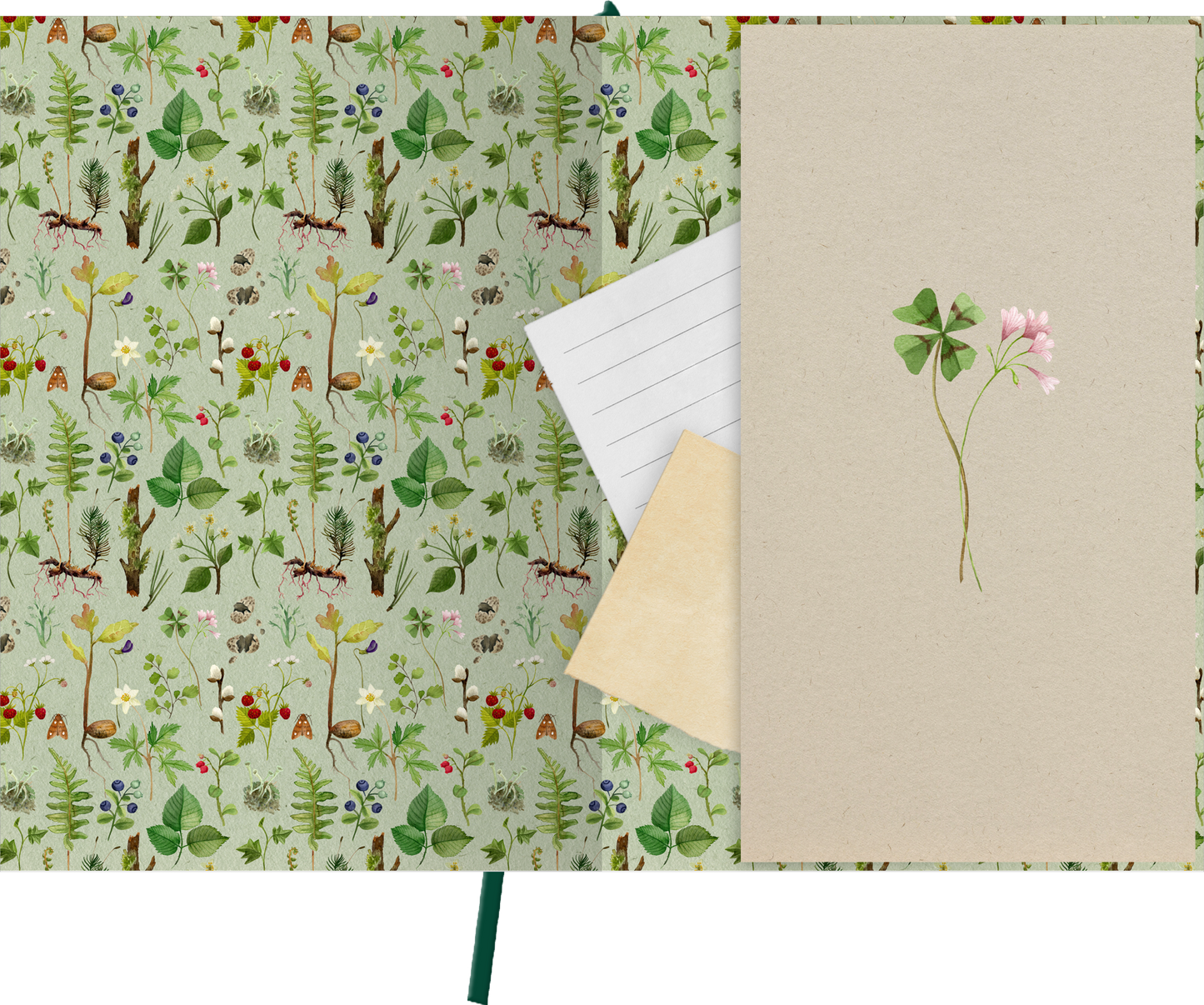 Gezeigt wird eine Innen- oder Zusatzansicht von „myNOTES Papeterie: Notizbuch A4 Naturschätze“. Der Hintergrund zeigt ein liebevoll gestaltetes Muster aus verschiedenen Pflanzen, Blumen und kleinen Tieren in sanften Grüntönen, ergänzt durch lebendige Farbtöne in Rot, Gelb und Blau. Auf der rechten Seite befinden sich ein beige-blasses Einsteckfach sowie ein kleiner Block mit linierten Seiten. Ein zarter, gedruckter Zweig mit Blüten verleiht dem Design eine natürliche Note.