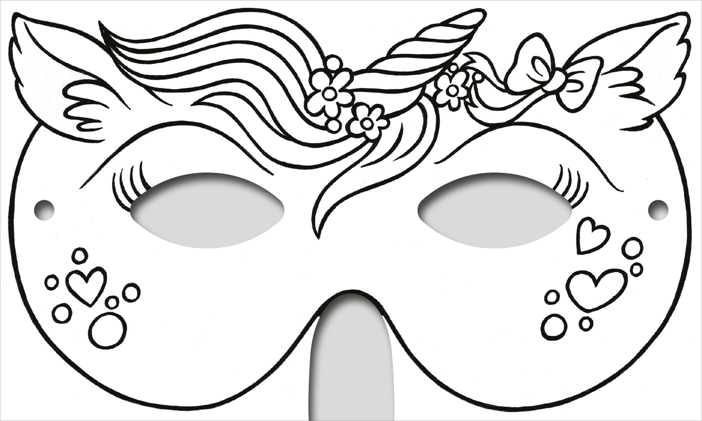 Gezeigt wird eine Innen- oder Zusatzansicht von „Zauberhafte Masken zum Ausmalen“. Die Abbildung zeigt eine fantasievolle Maske, die mit feinen Linien gestaltet ist. Sie hebt ein Einhorn mit einer geschwungenen Mähne hervor, sowie Blumen und eine Schleife. Die Maske ist mit spielerischen Herzen und kleinen Kreisen verziert, die darauf warten, coloriert zu werden. Die verwendete Typografie ist klar und verspielt, was den kreativen Charakter der Maske unterstreicht.