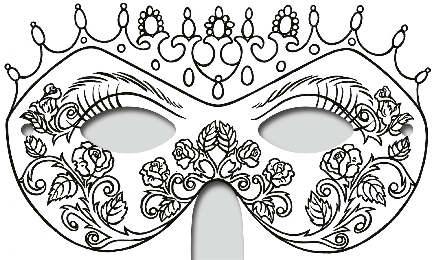 Gezeigt wird eine Innen- oder Zusatzansicht von „Zauberhafte Masken zum Ausmalen“. Die Darstellung zeigt eine filigran gestaltete Maske mit floralen Motiven, darunter Rosen und geschwungene Linien. Oben ist eine Krone aus kleinen Perlen und Bögen zu sehen. Die Zeichnung ist in klaren, schwarzen Konturen gehalten, die darauf warten, farblich ausgestaltet zu werden, und bietet viel Raum für kreative Entfaltung.