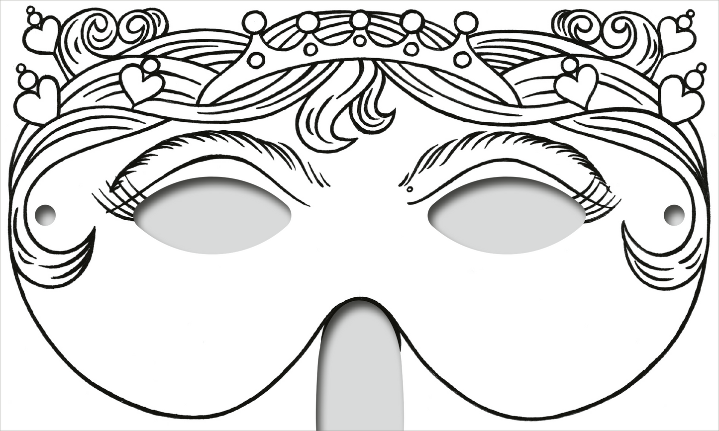 Gezeigt wird eine Innen- oder Zusatzansicht von „Zauberhafte Masken zum Ausmalen“. Die Maske zeigt einen feinen, künstlerischen Umriss mit einer Vielzahl von Details, darunter ein Haarband und kleine Herzen. Die Augenpartien sind oval und großzügig gestaltet. Der gesamte Entwurf ist in Schwarz-Weiß gehalten, was die Ausmalfähigkeit fördert. Die minimalistischen, verspielten Linien laden zur kreativen Gestaltung ein.