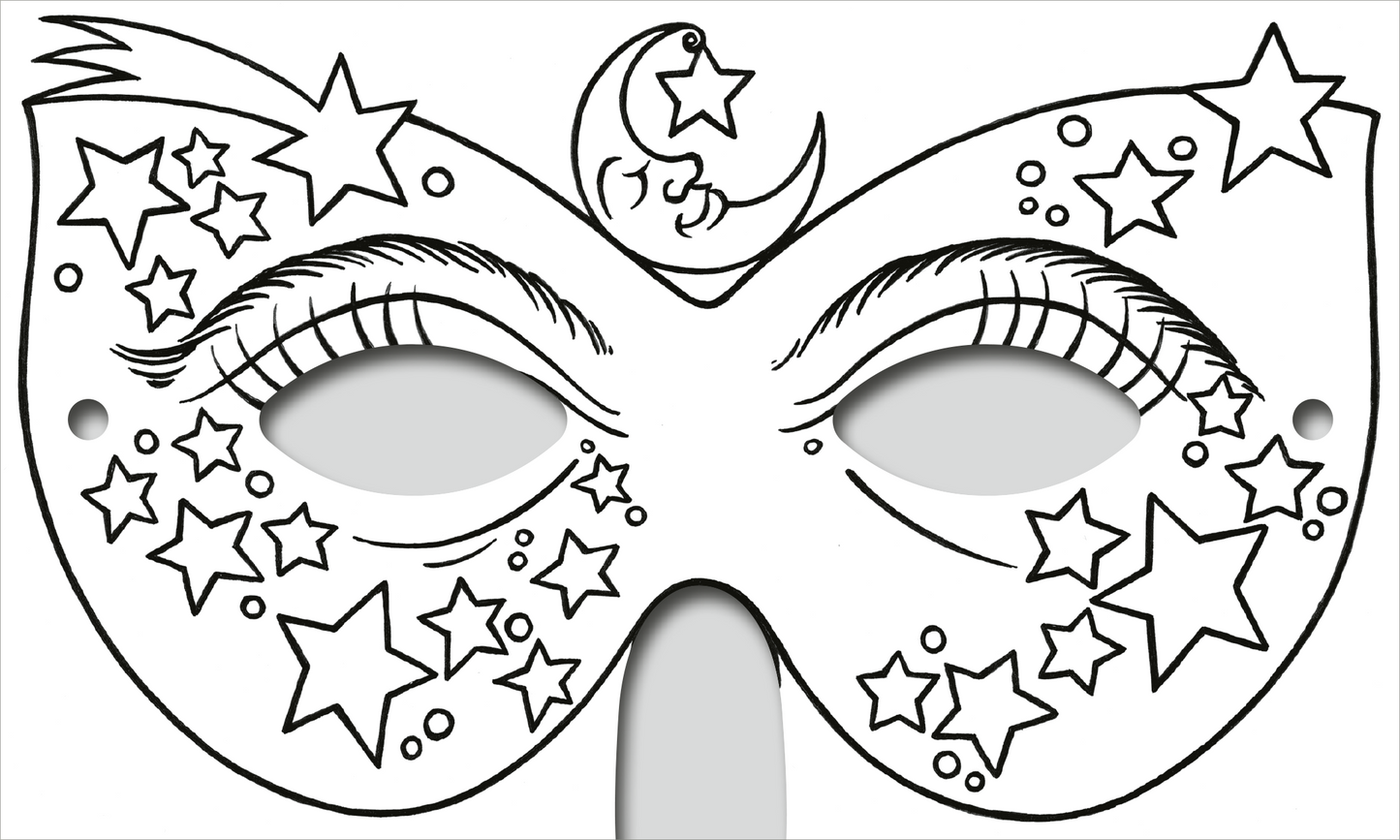 Gezeigt wird eine Innen- oder Zusatzansicht von „Zauberhafte Masken zum Ausmalen“. Die Abbildung zeigt eine maskenförmige Vorlage mit verschiedenen Motiven, darunter Sterne und einen Halbmond. Die Konturen sind klar und gleichmäßig in Schwarz gehalten, während die Maskenfläche leer ist, um Ausmalen zu ermöglichen. Die Augenpartie ist oval und sorgt für einen ausdrucksvollen Blick. Die kreative Gestaltung lädt Kinder dazu ein, die Maske individuell zu kolorieren.