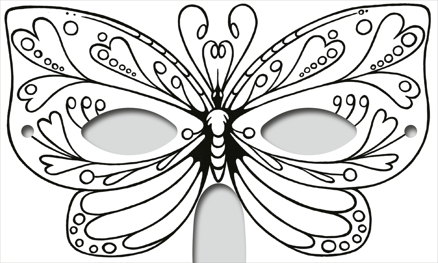 Gezeigt wird eine Innen- oder Zusatzansicht von „Zauberhafte Masken zum Ausmalen“. Die Abbildung zeigt eine filigran gestaltete Schmetterlingsmaske, die in schwarz-weißen Linien gehalten ist. Die Maske hebt sich durch dekorative, verschnörkelte Muster und stilisierte Flügel hervor. Die Augenöffnungen sind oval und symmetrisch angeordnet. Die gesamte Komposition vermittelt ein Gefühl von Leichtigkeit und Fantasie, ideal für kreatives Ausmalen.