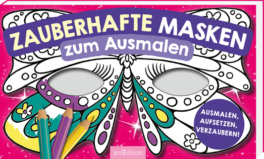 Auf dem Cover steht der Titel „ZAUBERHAFTE MASKEN“ in großen, weißen Kapitalbuchstaben auf lila Hintergrund. Darunter folgt „zum Ausmalen“ in einer verspielten, kreisförmigen Schrift. Das Cover zeigt eine große, ausdrucksstarke Maske mit einem bunten, detaillierten Design, die darauf wartet, ausgemalt zu werden. Im oberen Bereich ist ein Button platziert mit dem Text „AUSMALEN, AUFSETZEN, VERZAUBERN!“ umgeben von bunten Farbstiften. Ganz unten mittig steht der Logoschriftzug von...