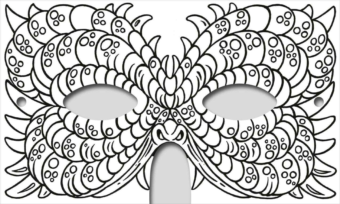 Gezeigt wird eine Innen- oder Zusatzansicht von „Abenteuer-Masken zum Ausmalen“. Die Abbildung zeigt eine fantasievolle Maske mit geschwungenen, wellenartigen Mustern und zahlreichen kleinen Punkten. Die Umrisse sind in einer kräftigen schwarzen Linie gehalten, die kontrastreich auf dem weißen Hintergrund wirkt. Die Maske hat zwei große Augenöffnungen und eine zentrale Nase, was ihr ein maskulines, aber verspieltes Aussehen verleiht.