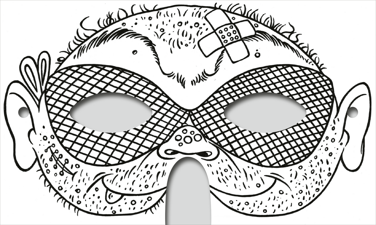 Gezeigt wird eine Innen- oder Zusatzansicht von „Abenteuer-Masken zum Ausmalen“. Die Abbildung zeigt eine fantasievolle Maske mit großen, ovalen Ausschnitten für die Augen. Die Maske ist mit einem Gittermuster in Schwarz und Weiß verziert und hat einen fröhlichen Gesichtsausdruck mit einem kleinen Schnurrbart, einem Verband auf der Stirn und spitzen Ohren. Die Umrandungen sind klar definiert, und der Stil ist cartoonhaft, was die Verwendung von Farben zum Ausmalen anregt.