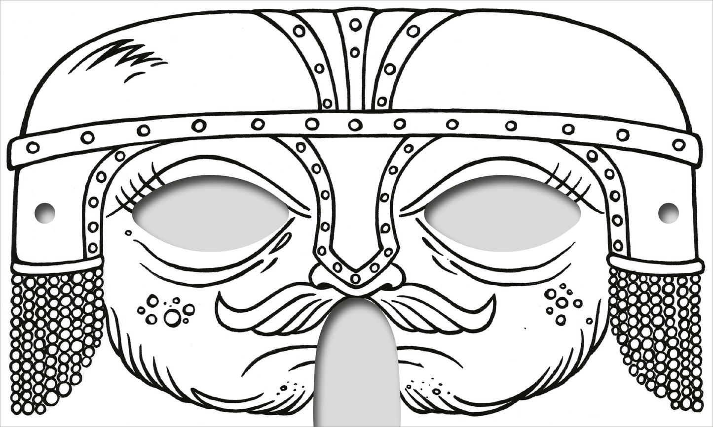 Gezeigt wird eine Innen- oder Zusatzansicht von „Abenteuer-Masken zum Ausmalen“. Die Abbildung zeigt eine Maske in Form eines kriegerischen Gesichts mit einem überdimensionierten Helm. Der Helm ist mit kleinen, kreisförmigen Nieten verziert und hat kühn ausgearbeitete Details. Neben den großen Augenöffnungen befinden sich dekorative Elemente wie ein Schnurrbart und punktierte Muster. Die Maske ist vollständig in schwarz-weiß gehalten, um das Ausmalen zu ermöglichen.