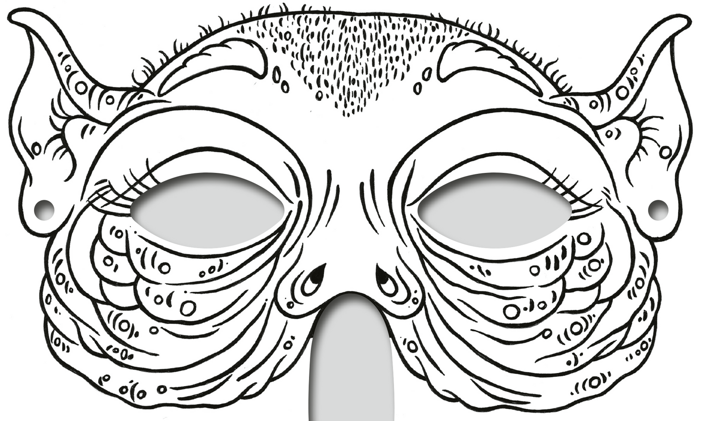 Gezeigt wird eine Innen- oder Zusatzansicht von „Abenteuer-Masken zum Ausmalen“. Die Darstellung zeigt eine fantasievolle Maske mit einem verspielten, geschwungenen Design. Sie ist in verschiedenen detaillierten Linienmustern und Rillen gestaltet, die sowohl Textur als auch Tiefe verleihen. Die Maske hat zwei große Augenöffnungen und eine asymmetrische Form, um den Eindruck eines kreativen, magischen Charakters zu erzeugen. Die verwendete Typografie ist klar und kindgerecht, geeignet zum...