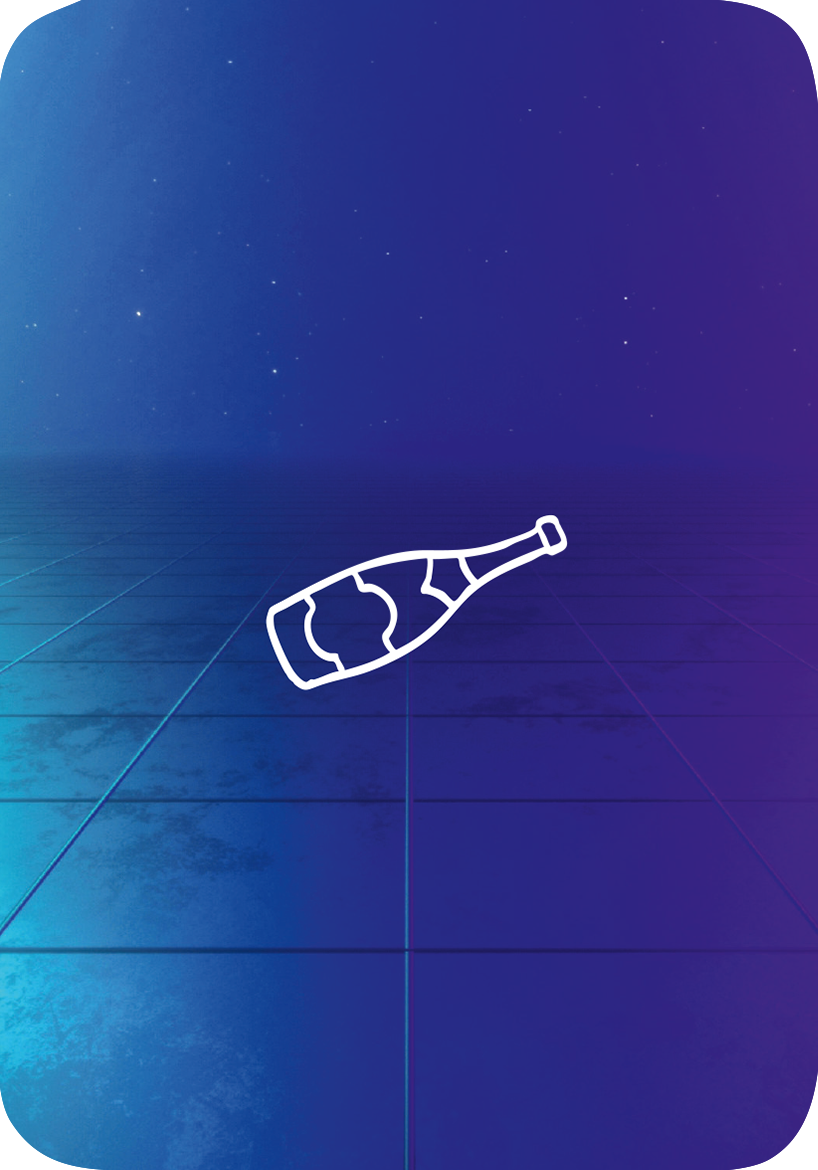 Gezeigt wird eine Innen- oder Zusatzansicht von „Auf wen die Flasche zeigt“. Die Darstellung zeigt eine stilisierte, weiße Flasche auf einem sanften Farbverlauf von Blau zu Violett. Der Hintergrund ist subtil strukturiert, während die Flasche in der Mitte platziert ist und klar hervorsticht. Die Typografie fehlt in dieser Ansicht, wodurch der Fokus ausschließlich auf der grafischen Darstellung liegt.