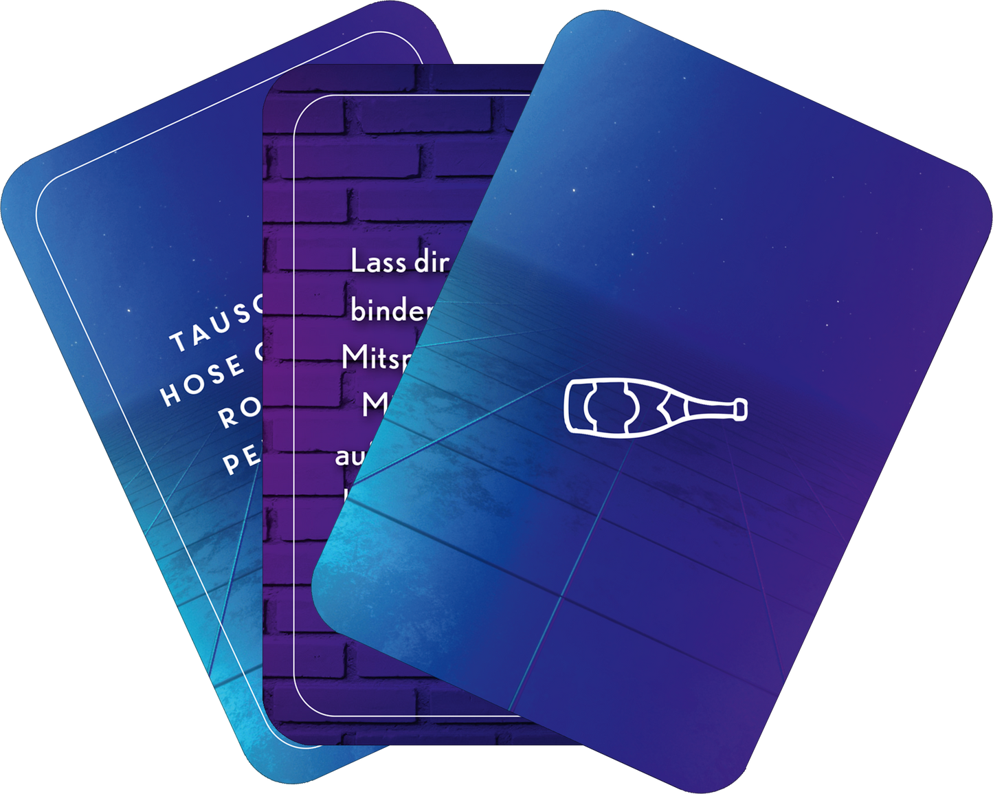 Gezeigt wird eine Innen- oder Zusatzansicht von „Auf wen die Flasche zeigt“. Die Karten sind farblich in Blau- und Violetttönen gestaltet. Auf der mittleren Karte steht der Text „Lass dir deinen Bindungs-Mitschnitt aufzeichnen“. Die Schrift ist modern und gut lesbar, kontrastiert stark mit dem Hintergrund. Eine stilisierte Flasche ist in Weiß abgebildet, die sich dezent am unteren Rand der Karte befindet. Der Gesamteindruck vermittelt Kreativität und einladende Atmosphäre.