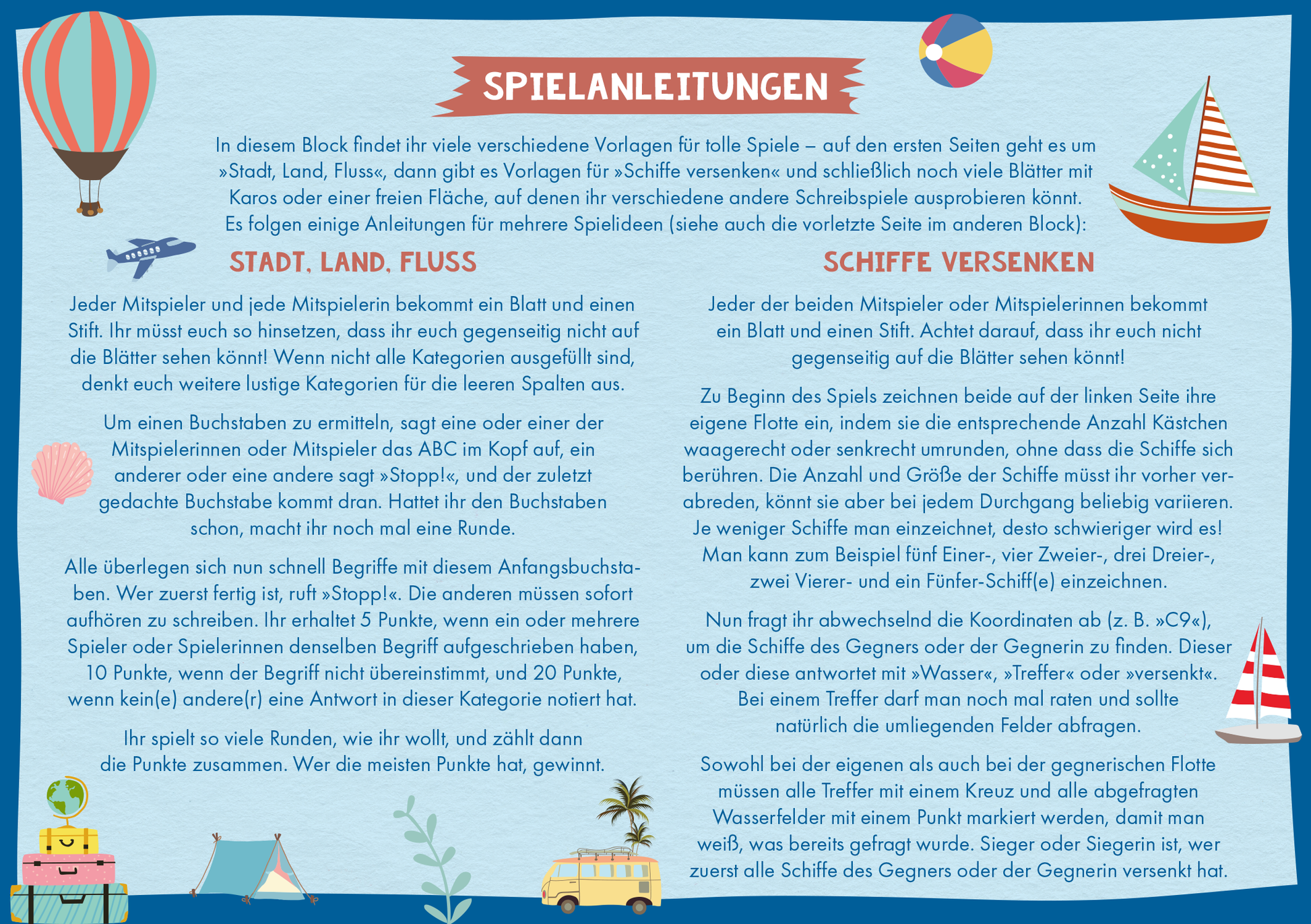 Gezeigt wird eine Innenansicht von „Der große Spieleblock für zwei“. Die Seite ist bunt gestaltet mit einem blauen Hintergrund und vielfältigen Illustrationen, darunter Luftballons, Segelboote und eine Strandlandschaft. Die Überschrift „SPIELANLEITUNGEN“ ist auffällig in rotem Banner mit weißer Schrift. Der Text ist in klarer, gut lesbarer Schriftart gesetzt und in Absätze unterteilt. Die Anleitungen sind übersichtlich gegliedert, um das Lesen und Verstehen zu erleichtern.