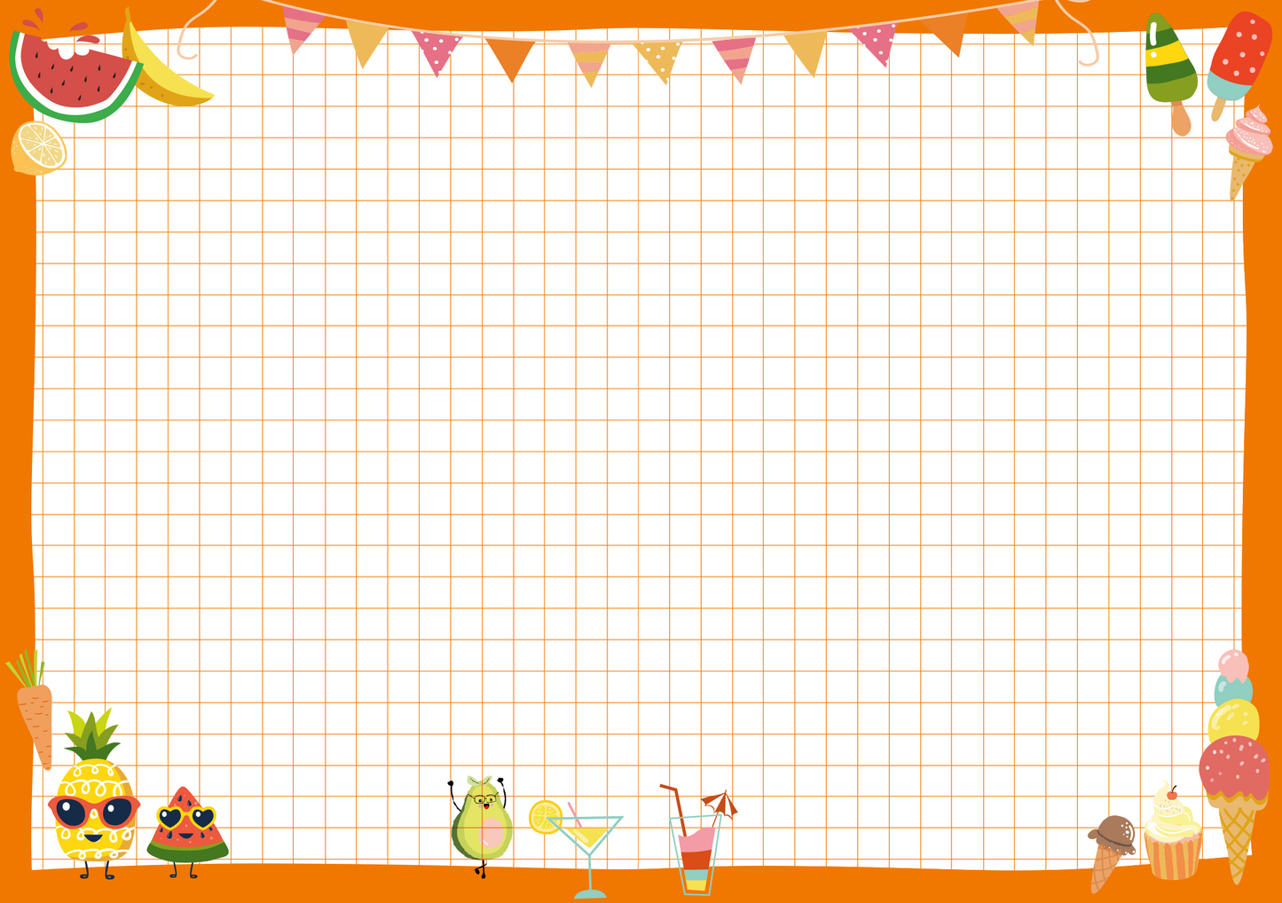 Gezeigt wird eine Innenansicht von „Der große Spieleblock für zwei“. Die Seite hat einen hellen, karierten Hintergrund und ist von einer orangefarbenen Umrandung umgeben. Oben ziehen bunte Fähnchen und Fruchtillustrationen wie Wassermelone, Zitrone und Banane die Aufmerksamkeit auf sich. Unten sind niedliche Tierfiguren sowie Getränke und Desserts abgebildet, die eine fröhliche und einladende Atmosphäre schaffen. Die Typografie ist spielerisch und ansprechend gestaltet.