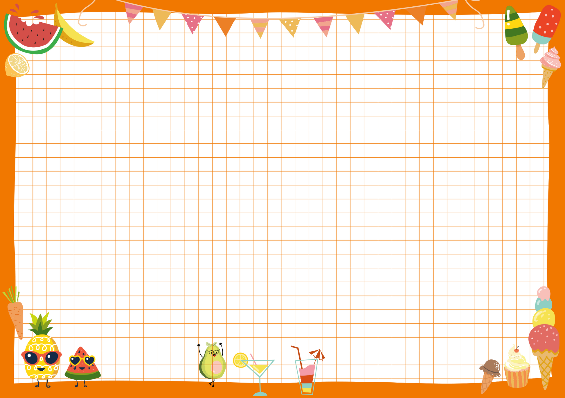 Gezeigt wird eine Innenansicht von „Der große Spieleblock für zwei“. Die Seite hat einen hellen, karierten Hintergrund und ist von einer orangefarbenen Umrandung umgeben. Oben ziehen bunte Fähnchen und Fruchtillustrationen wie Wassermelone, Zitrone und Banane die Aufmerksamkeit auf sich. Unten sind niedliche Tierfiguren sowie Getränke und Desserts abgebildet, die eine fröhliche und einladende Atmosphäre schaffen. Die Typografie ist spielerisch und ansprechend gestaltet.