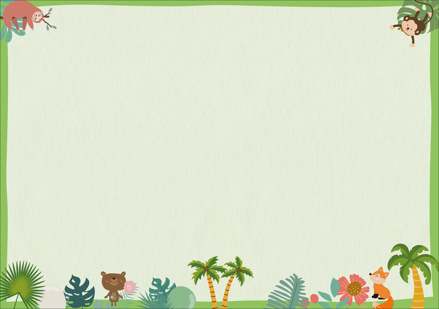 Gezeigt wird eine Innen- oder Zusatzansicht von „Der große Spieleblock für zwei“. Die Seite präsentiert einen sanften, hellen Hintergrund mit einer Struktur, die an Papier erinnert. Umrahmt wird sie von einem kräftig grünen Rahmen. In den unteren Ecken sind verspielte Tierillustrationen wie ein Bär, ein Fuchs und Pflanzenmotiven zu sehen. Oben rechts schwingt ein fröhliches Kind in einem Baum. Die Typografie für Titel und Anweisungen ist klar und kindgerecht gestaltet.