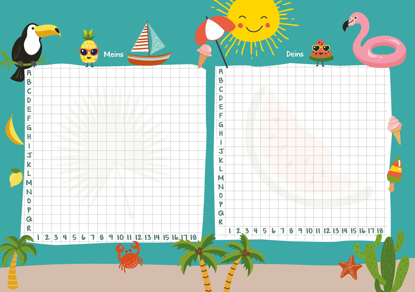 Gezeigt wird eine Innen- oder Zusatzansicht von „Der große Spieleblock für zwei“. Die bunten Seiten sind in einem freundlichen, aquamarinen Farbton gehalten und zeigen eine grafische Struktur aus Kästchen. Oben sind fröhliche Illustrationen von Tieren und Sommermotiven wie einem Tukana, einer Ananas, einer Yacht und einem Flamingo platziert. Links steht „Meins“ und rechts „Deins“ in verspielter Schrift. Unten sind Palmen und Strandmotive abgebildet, was eine lebendige...